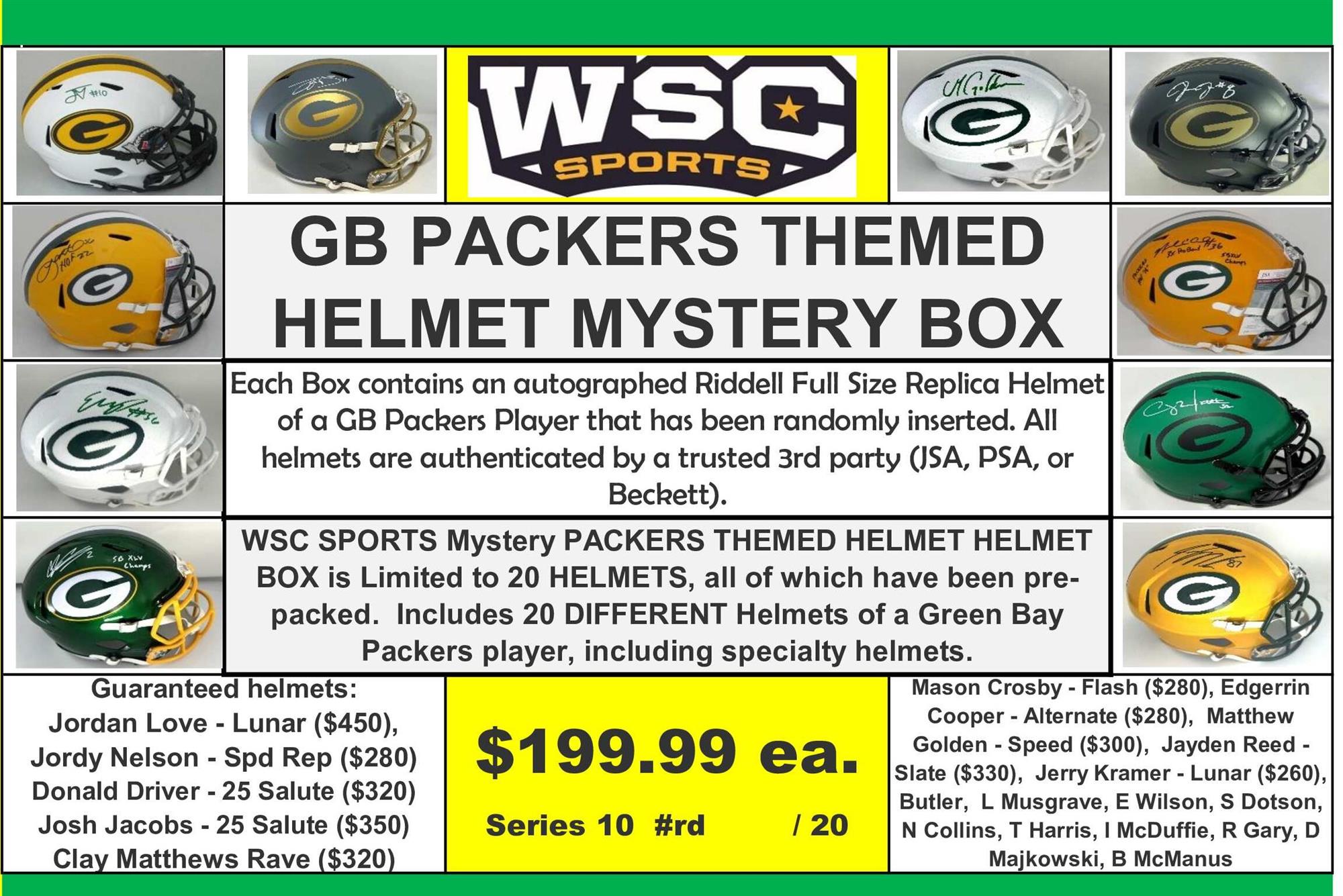 WSC SPORTS MYSTERY SIGNED REPLICA HELMET BOX - PACKERS EDITION - SERIES 10