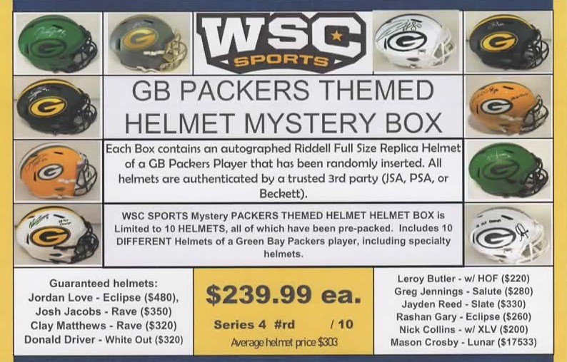 WSC SPORTS MYSTERY SIGNED REPLICA HELMET BOX - PACKERS EDITION - SERIES 4