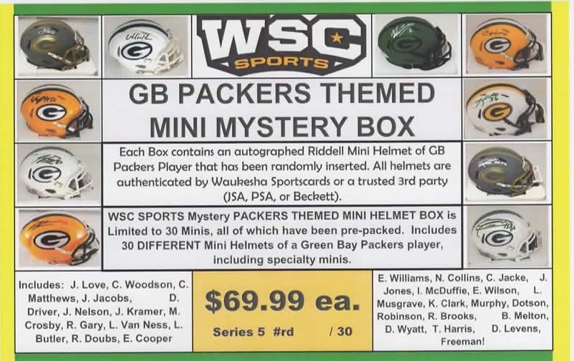 WSC SPORTS MYSTERY SIGNED MINI HELMET BOX - PACKERS EDITION - SERIES 5