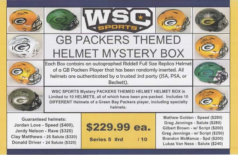 WSC SPORTS MYSTERY SIGNED REPLICA HELMET BOX - PACKERS EDITION - SERIES 5