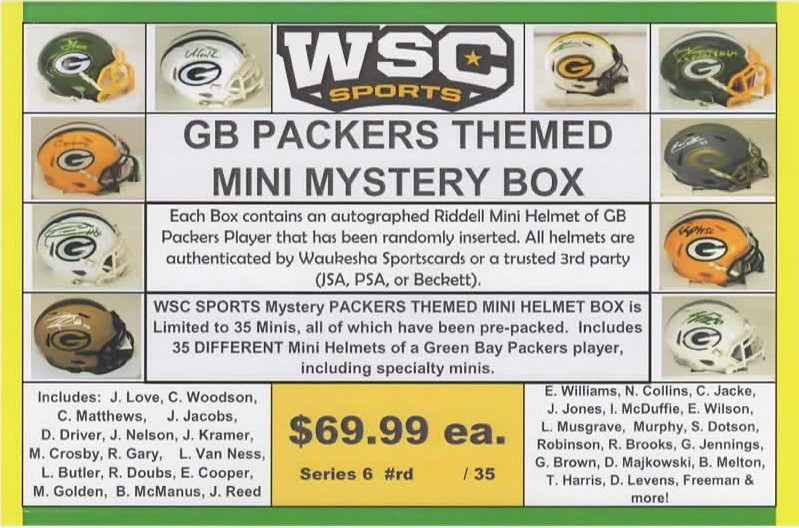 WSC SPORTS MYSTERY SIGNED MINI HELMET BOX - PACKERS EDITION - SERIES 6