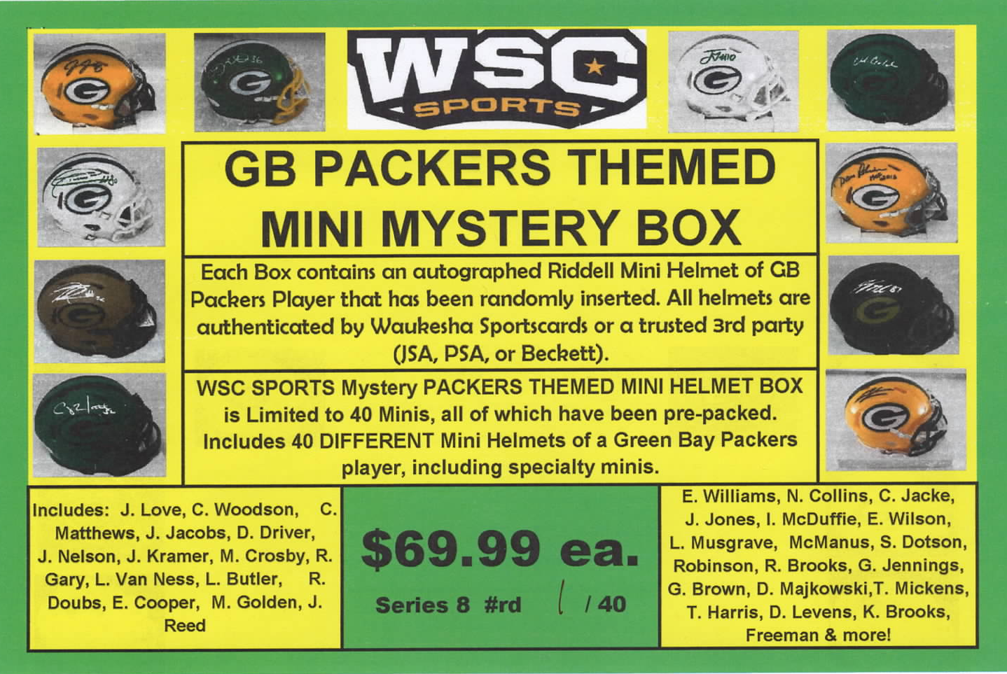WSC SPORTS MYSTERY SIGNED MINI HELMET BOX - PACKERS EDITION - SERIES 8