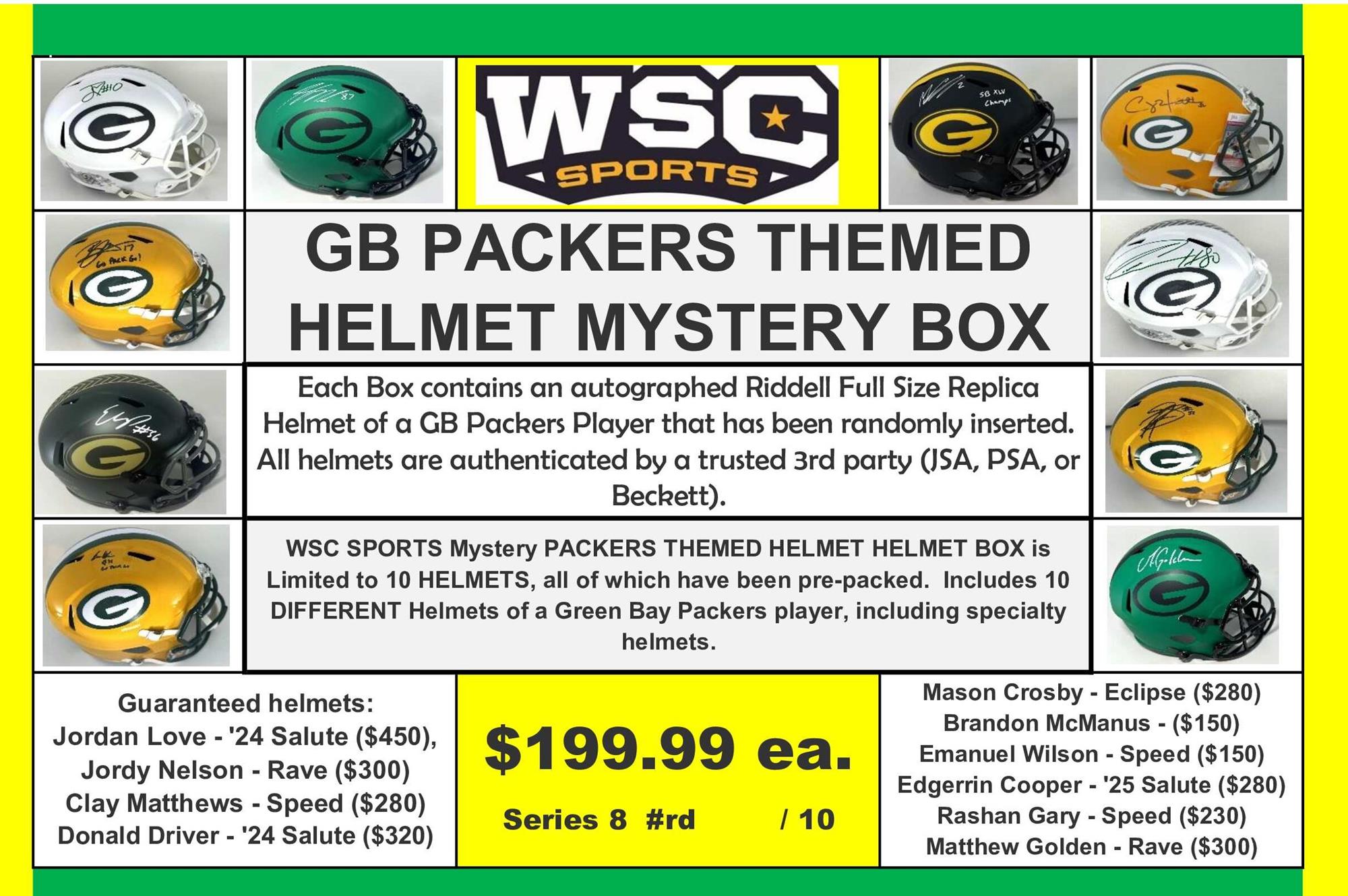 WSC SPORTS MYSTERY SIGNED REPLICA HELMET BOX - PACKERS EDITION - SERIES 8