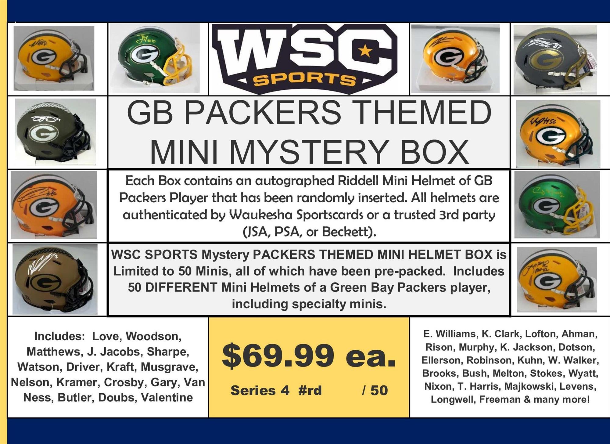 WSC SPORTS MYSTERY SIGNED MINI HELMET BOX - PACKERS EDITION - SERIES 4