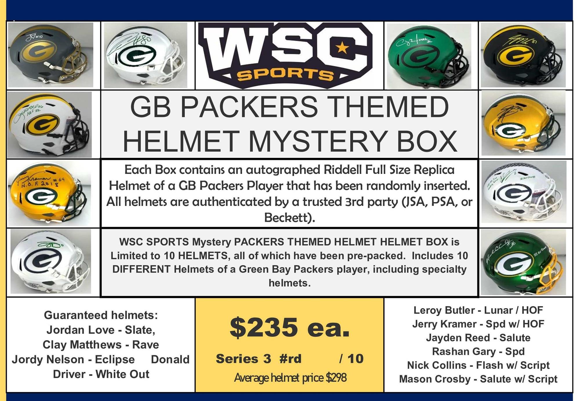 WSC SPORTS MYSTERY SIGNED REPLICA HELMET BOX - PACKERS EDITION - SERIES 3