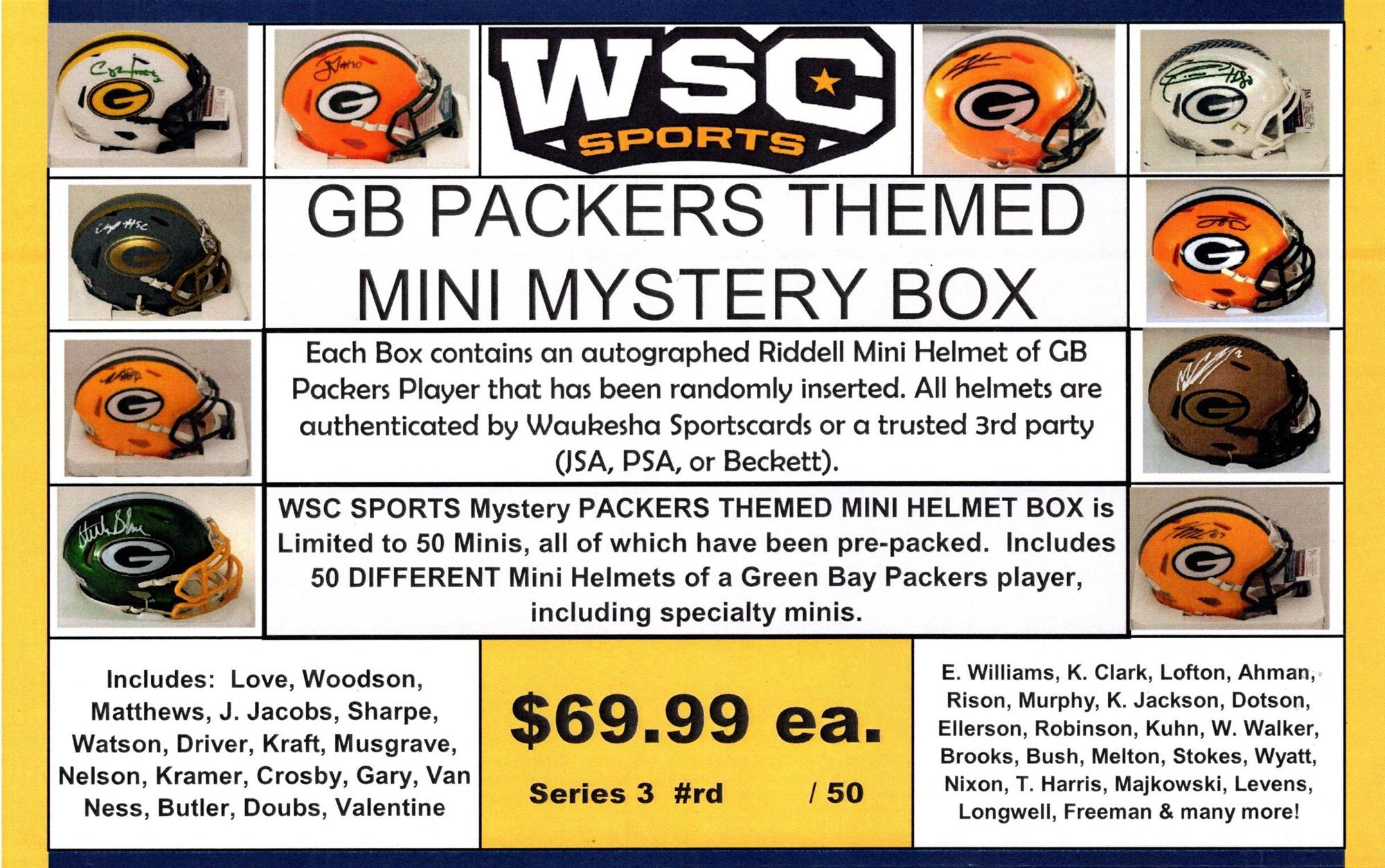 WSC SPORTS MYSTERY SIGNED MINI HELMET BOX - PACKERS EDITION - SERIES 3
