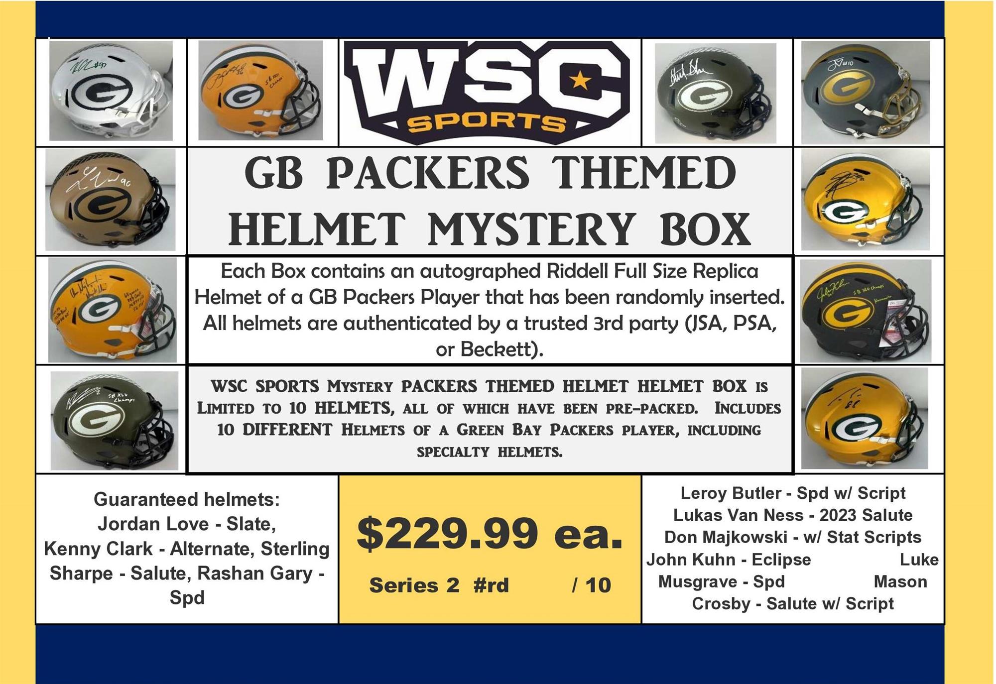 WSC SPORTS MYSTERY SIGNED REPLICA HELMET BOX - PACKERS EDITION - SERIES 2