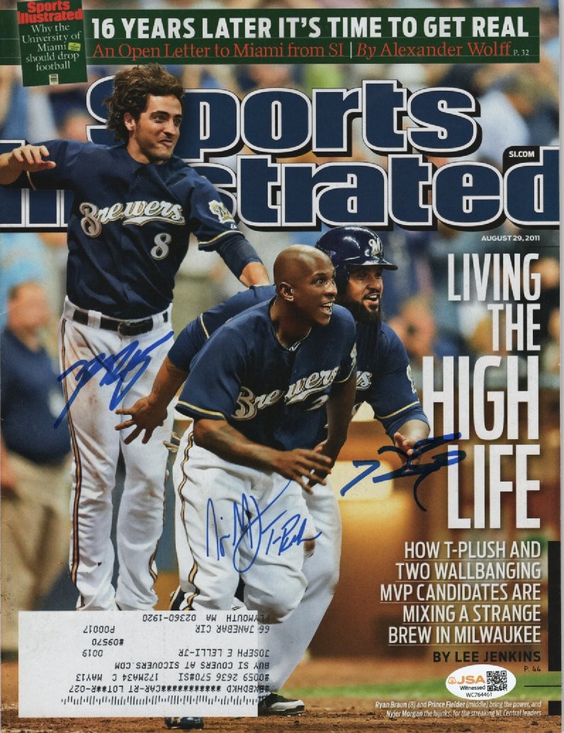 RYAN BRAUN, PRINCE FIELDER & NYJER MORGAN SIGNED SPORTS ILLUSTRATED MAGAZINE - BREWERS - JSA