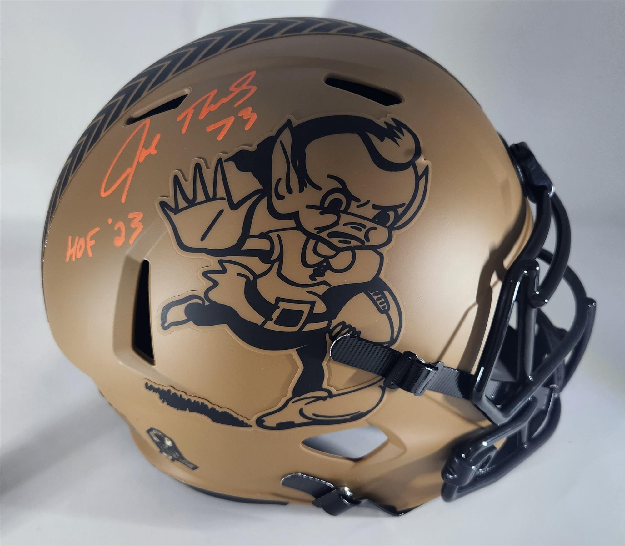 JOE THOMAS SIGNED FULL SIZE REPLICA 2023 SALUTE TO SERVICE SPEED BROWNS HELMET W/ HOF '23 - JSA JOE THOMAS SIGNED FULL SIZE REPLICA 2023 SALUTE TO SERVICE SPEED BROWNS HELMET W/ HOF '23 - JSA