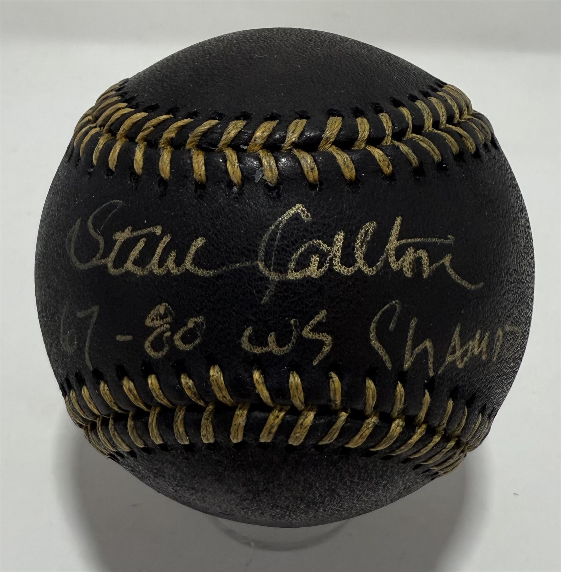 STEVE CARLTON SIGNED OFFICIAL BLACK MLB BASEBALL W/ "'67-80 WS Champs" - PHILADELPHIA PHILLIES - BAS
