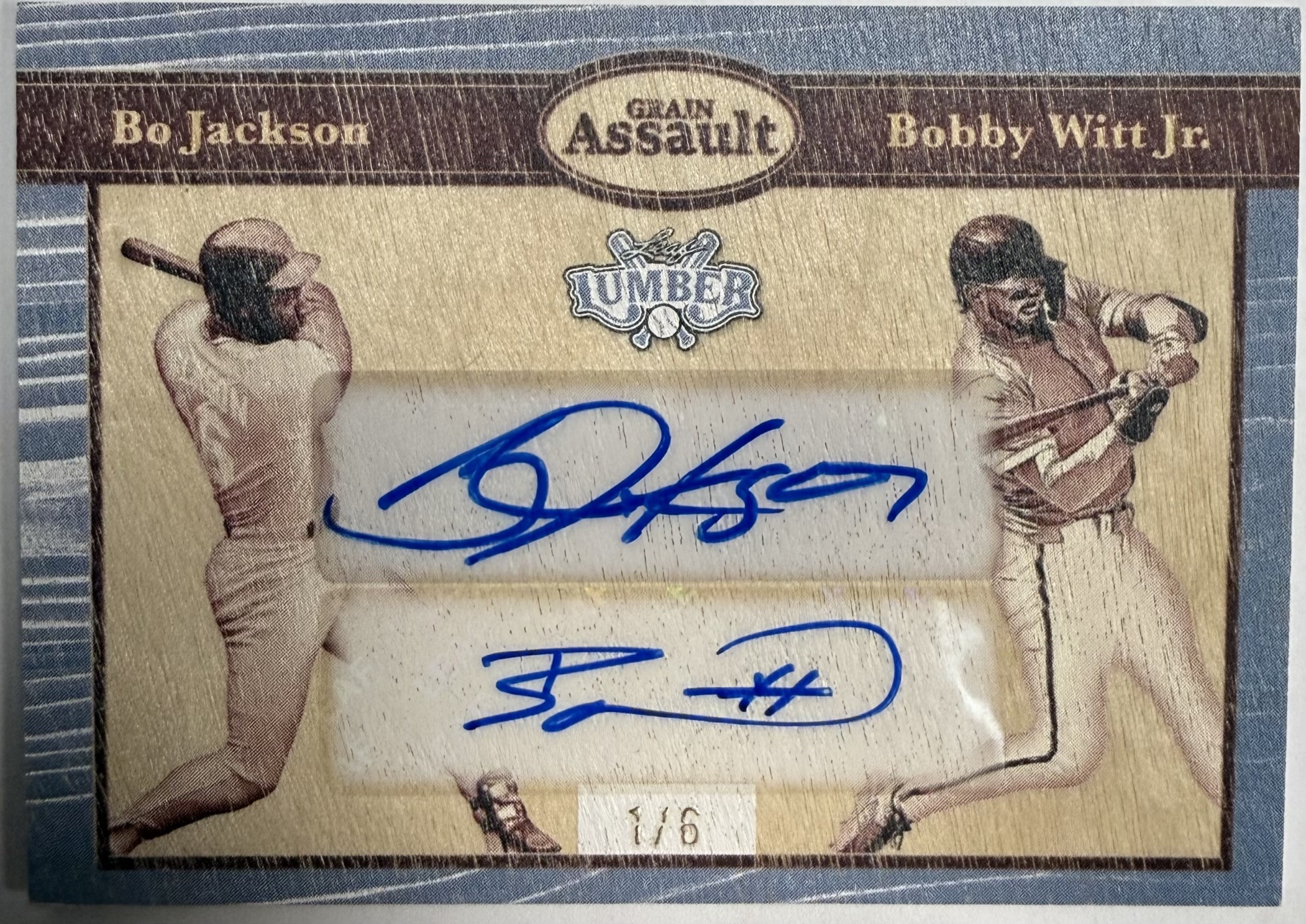 BOBBY WITT JR / BO JACKSON DUAL SIGNED CARD - 2025 LEAF LUMBER "GRAIN ASSAULT" 1/6