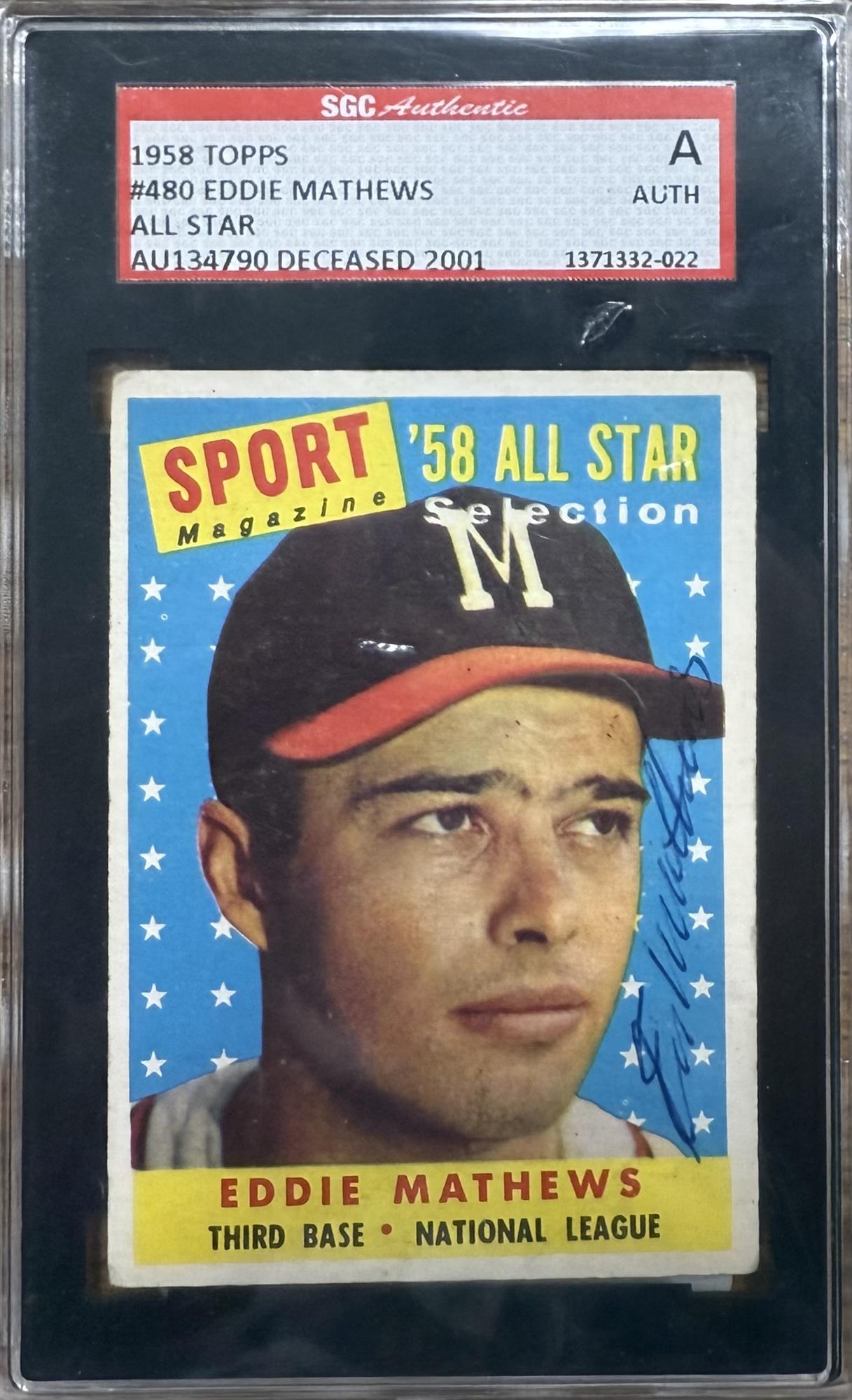 EDDIE MATHEWS - 1958 TOPPS AUTOGRAPHED CARD #480 - SGC