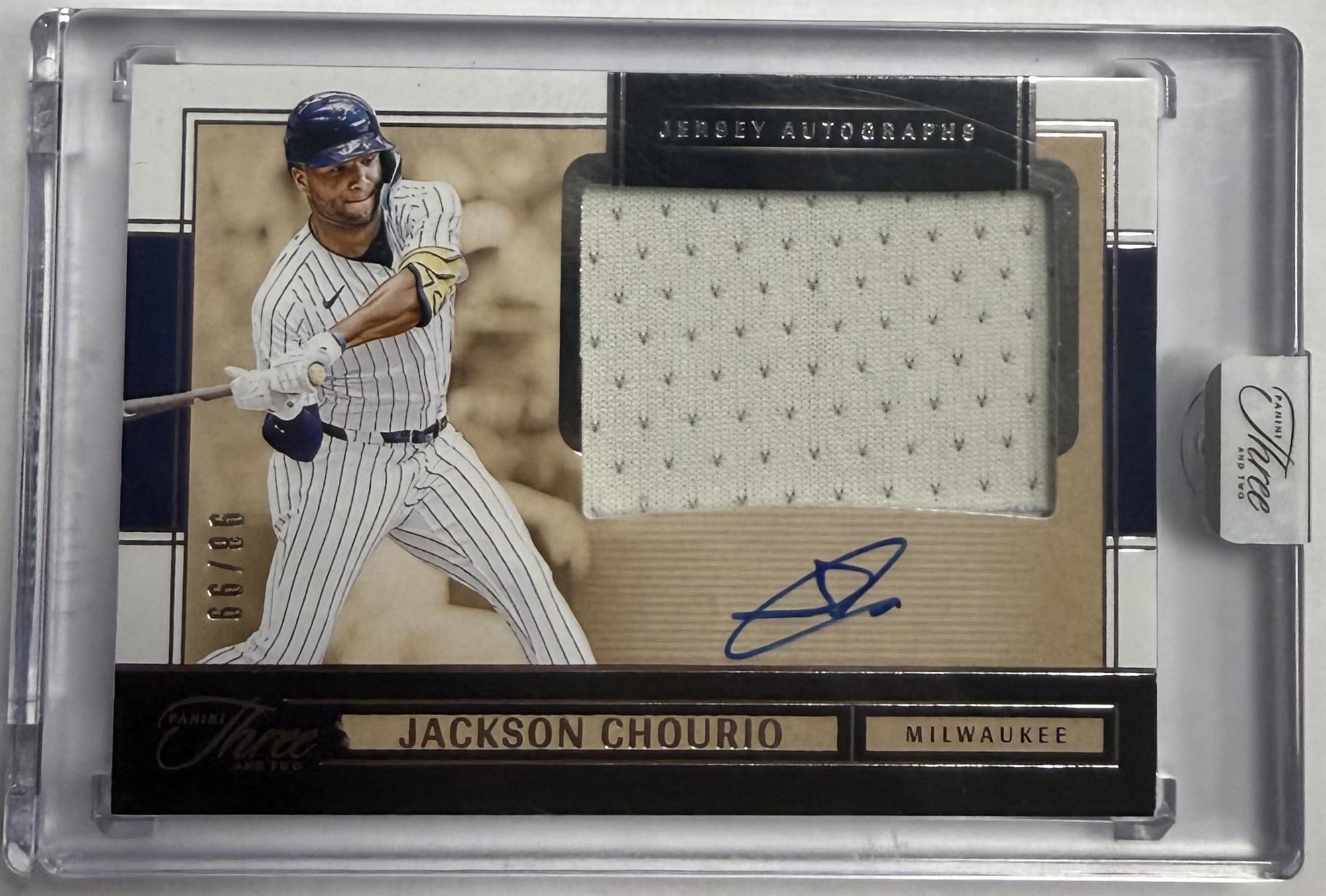 JACKSON CHOURIO AUTO RELIC CARD - 2025 PANINI THREE AND TWO CARD /99