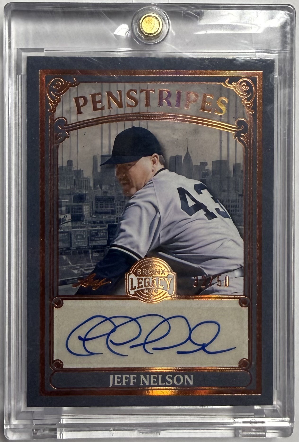 JEFF NELSON AUTO CARD - 2025 LEAF BRONX LEGACY "PENSTRIPES" CARD /50