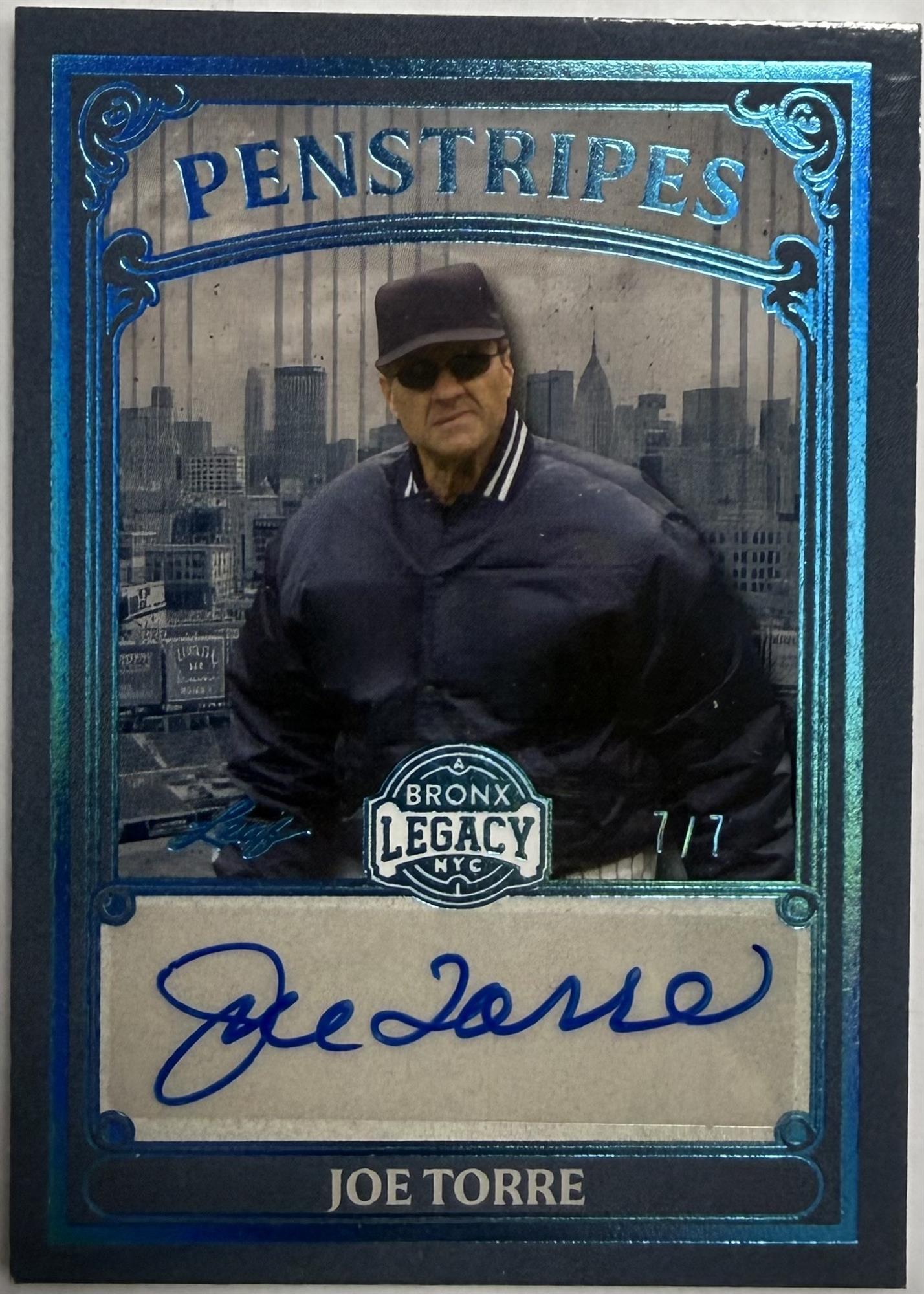 JOE TORRE AUTO CARD - 2025 LEAF BRONX LEGACY "PENSTRIPES" CARD #P-JT1 /7