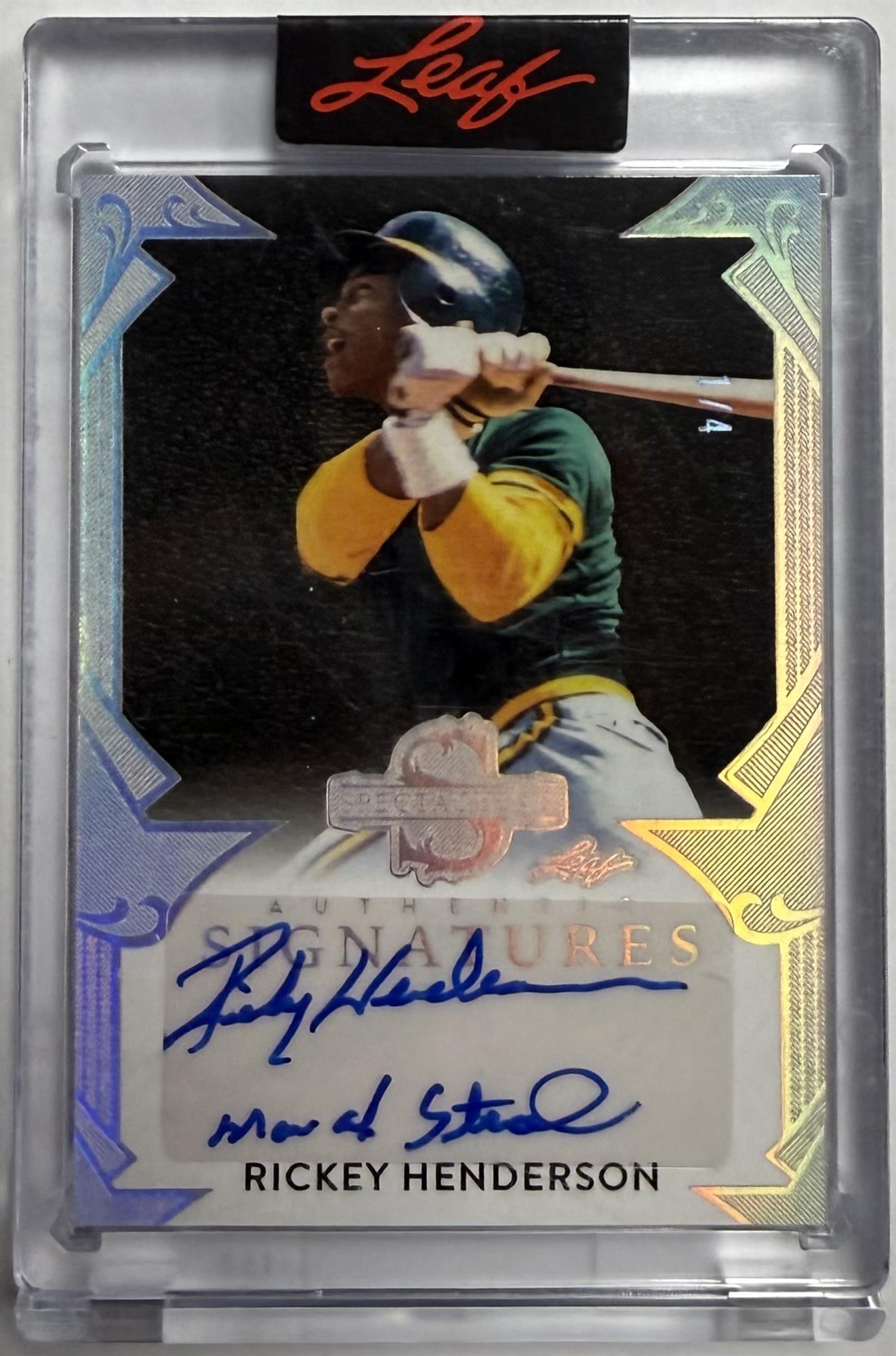 RICKEY HENDERSON AUTO CARD W/ "MAN OF STEAL" - 2025 LEAF SPECTACULAR CARD /4