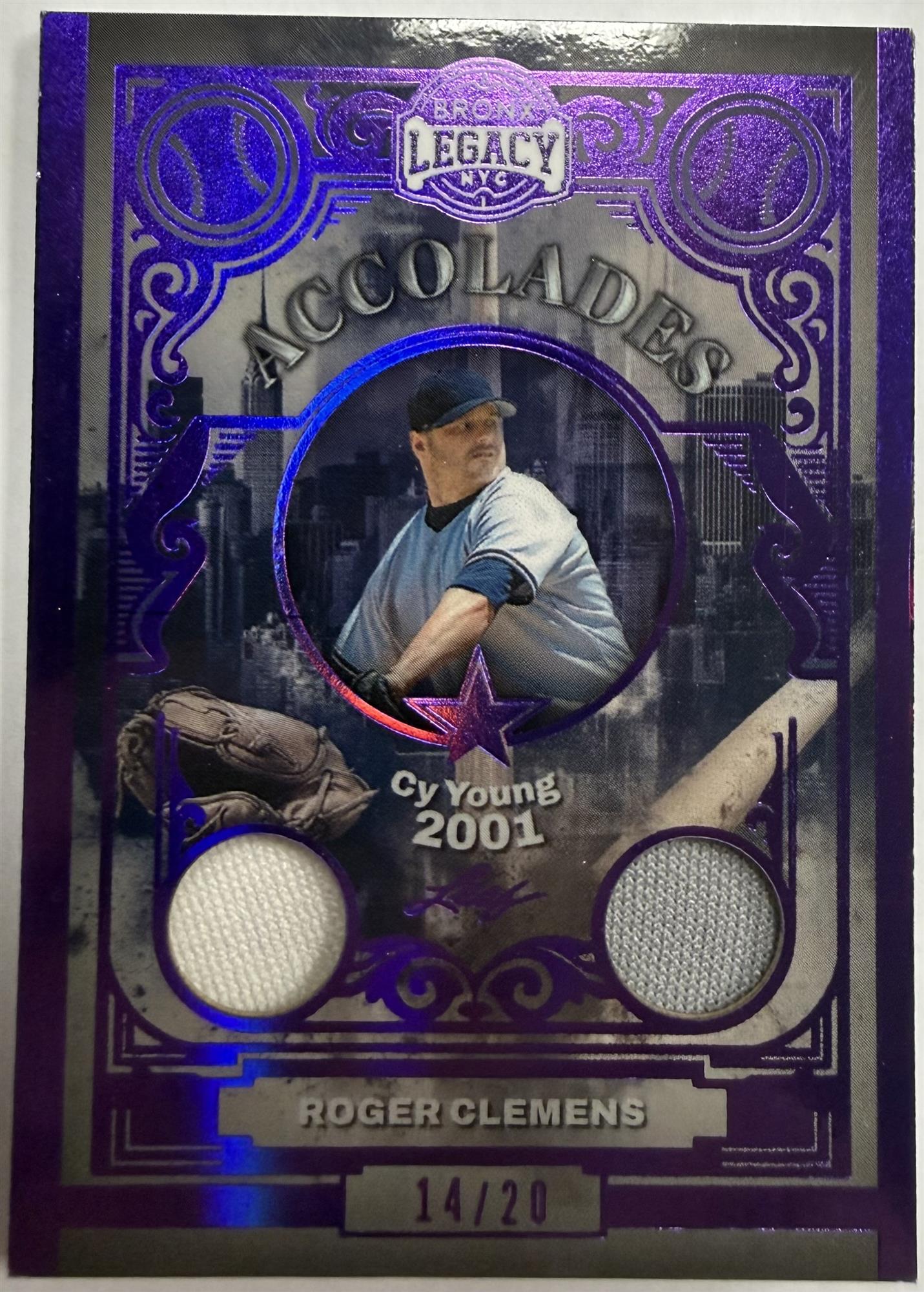 ROGER CLEMENS RELIC CARD - 2025 LEAF BRONX LEGACY "ACCOLADES" #A-9 /20