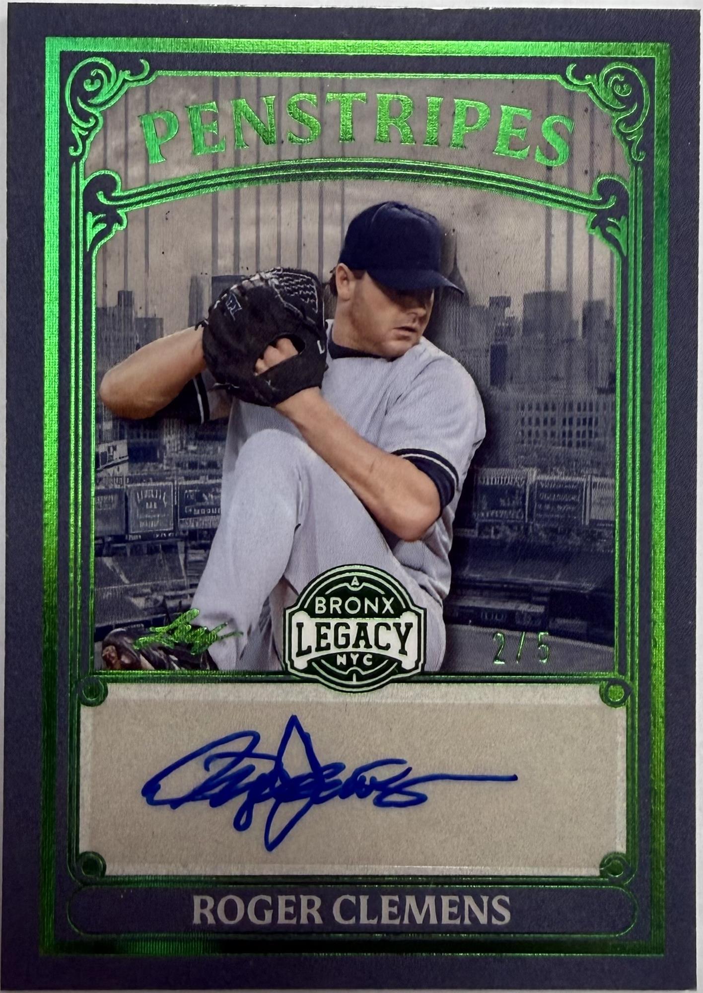 ROGER CLEMENS AUTO CARD - 2025 LEAF BRONX LEGACY "PENSTRIPES" #P-RC2 /5
