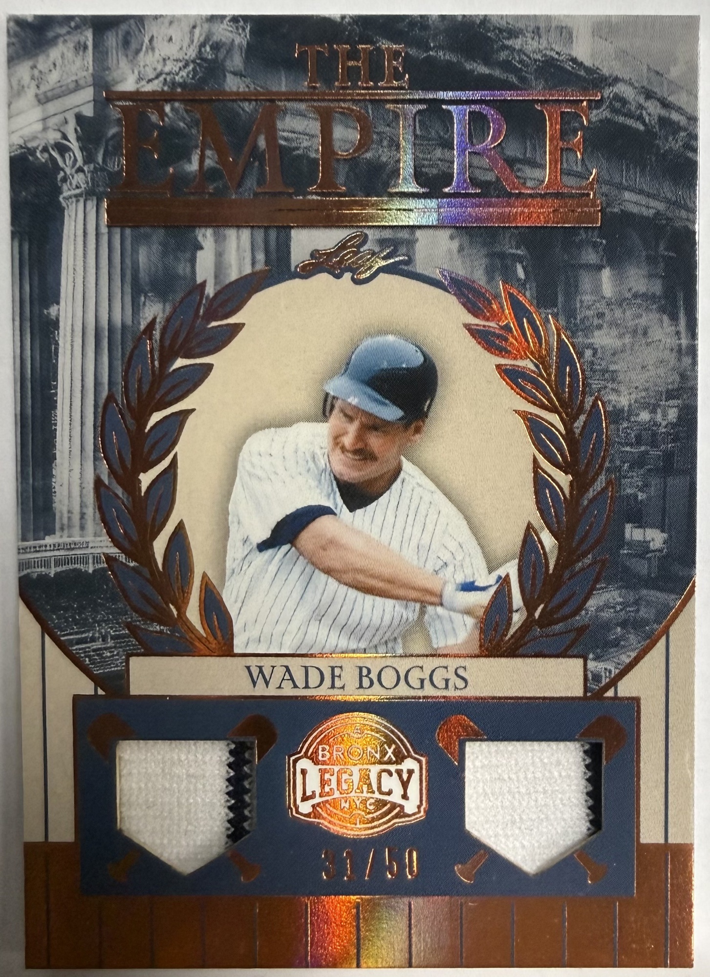 WADE BOGGS PATCH CARD - 2025 LEAF BRONX LEGACY "THE EMPIRE" /50