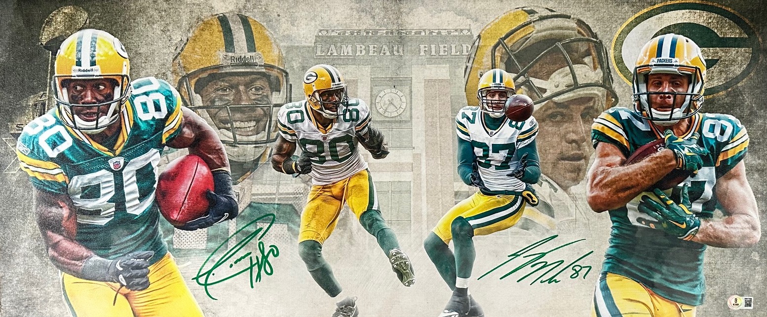 DONALD DRIVER & JORDY NELSON DUAL SIGNED 13X31 STRETCHED CUSTOM PACKERS CANVAS COLLAGE - JSA