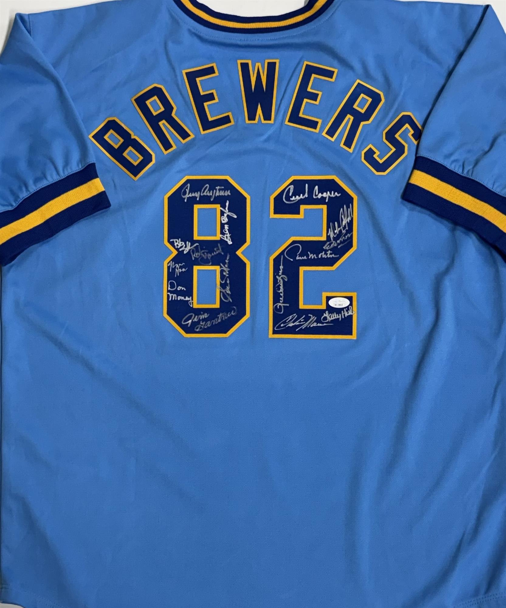 1982 BREWERS TEAM SIGNED CUSTOM BLUE JERSEY - 15 SIGNATURES - JSA