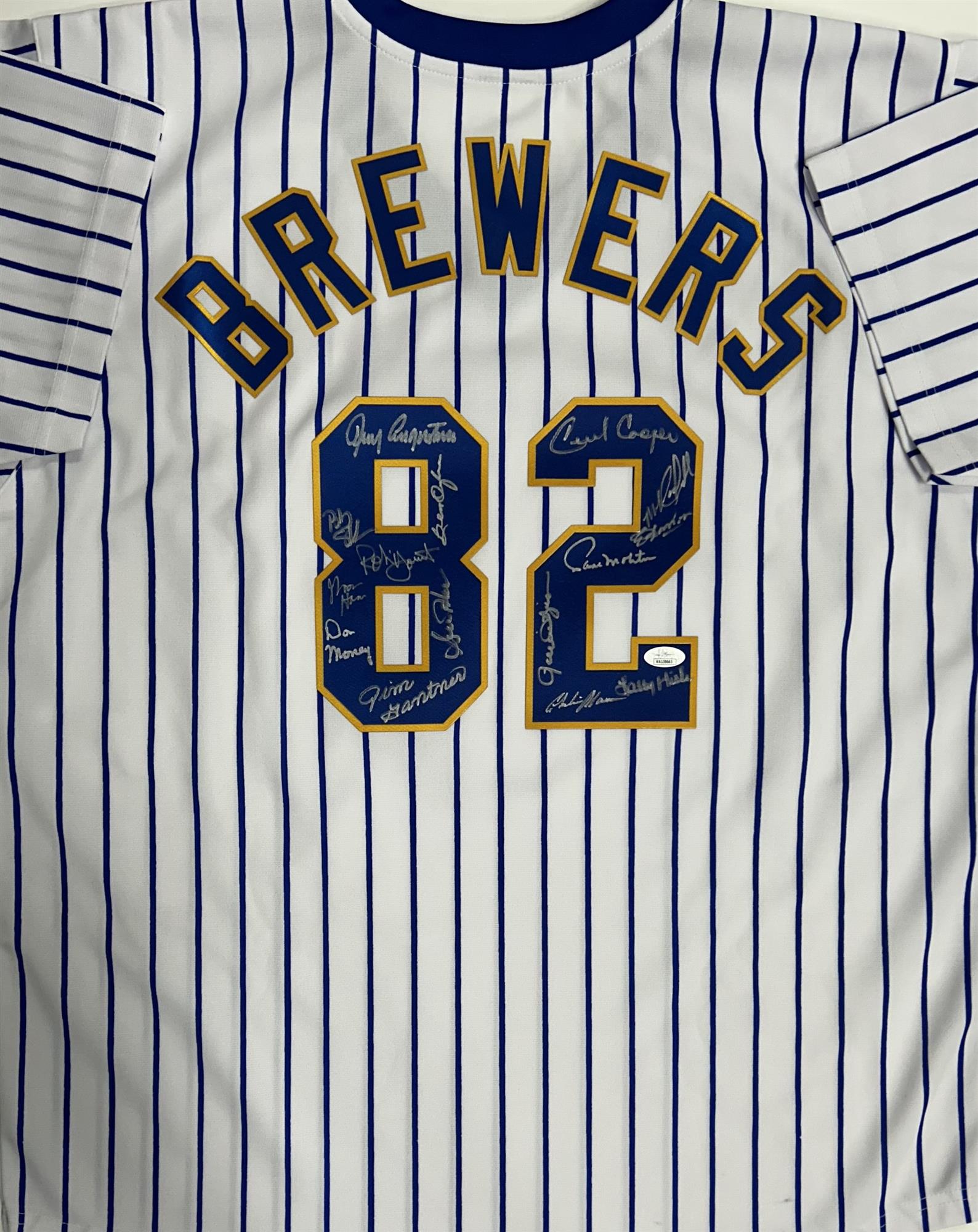 1982 BREWERS TEAM SIGNED CUSTOM PINSTRIPE JERSEY - 15 SIGNATURES - JSA