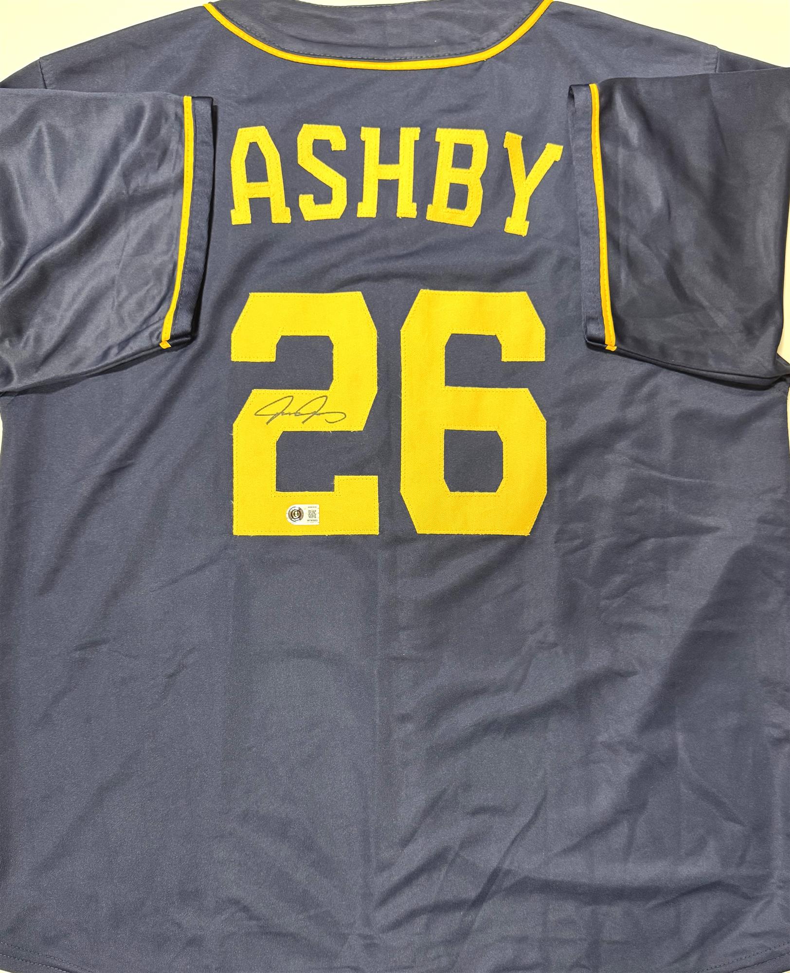 AARON ASHBY SIGNED CUSTOM REPLICA BREWERS NAVY JERSEY - BAS