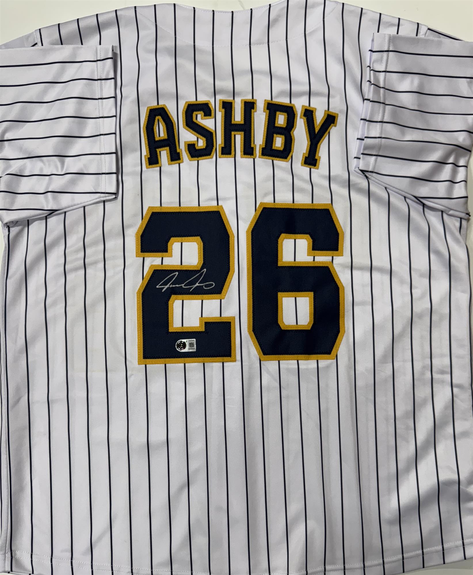 AARON ASHBY SIGNED CUSTOM REPLICA BREWERS PINSTRIPE JERSEY - BAS