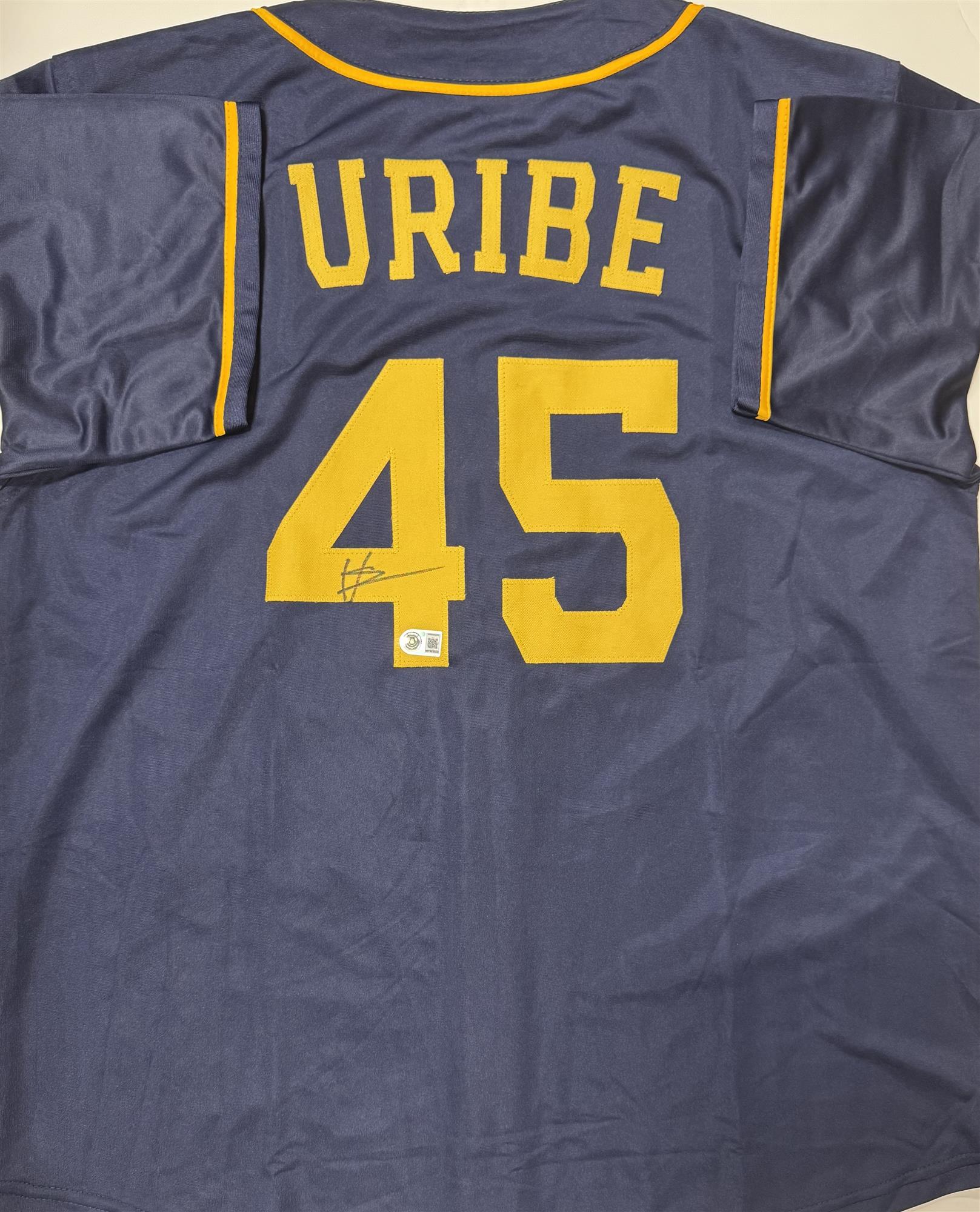 ABNER URIBE SIGNED CUSTOM REPLICA BREWERS NAVY JERSEY - BAS