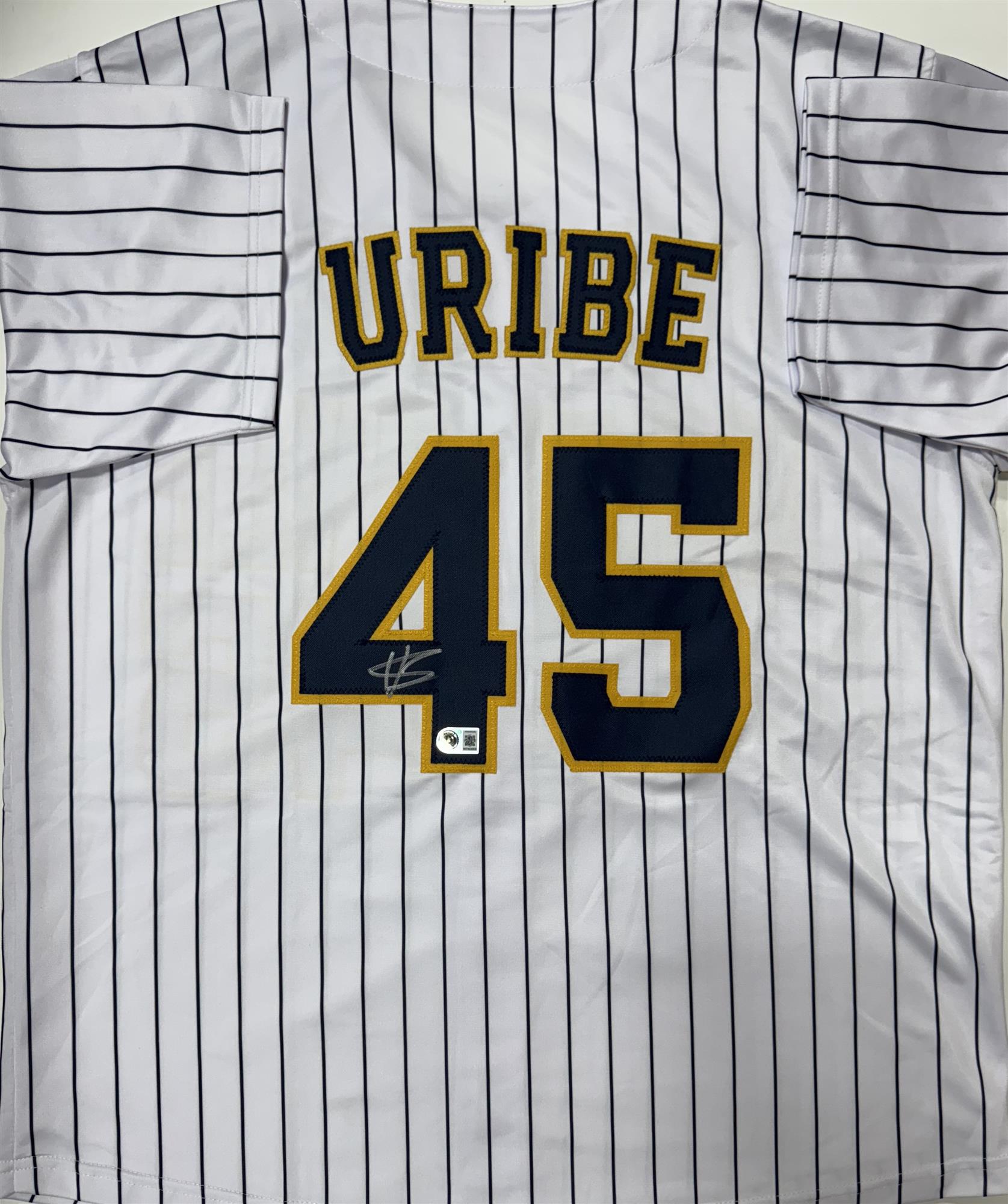 ABNER URIBE SIGNED CUSTOM REPLICA BREWERS PINSTRIPE JERSEY - BAS