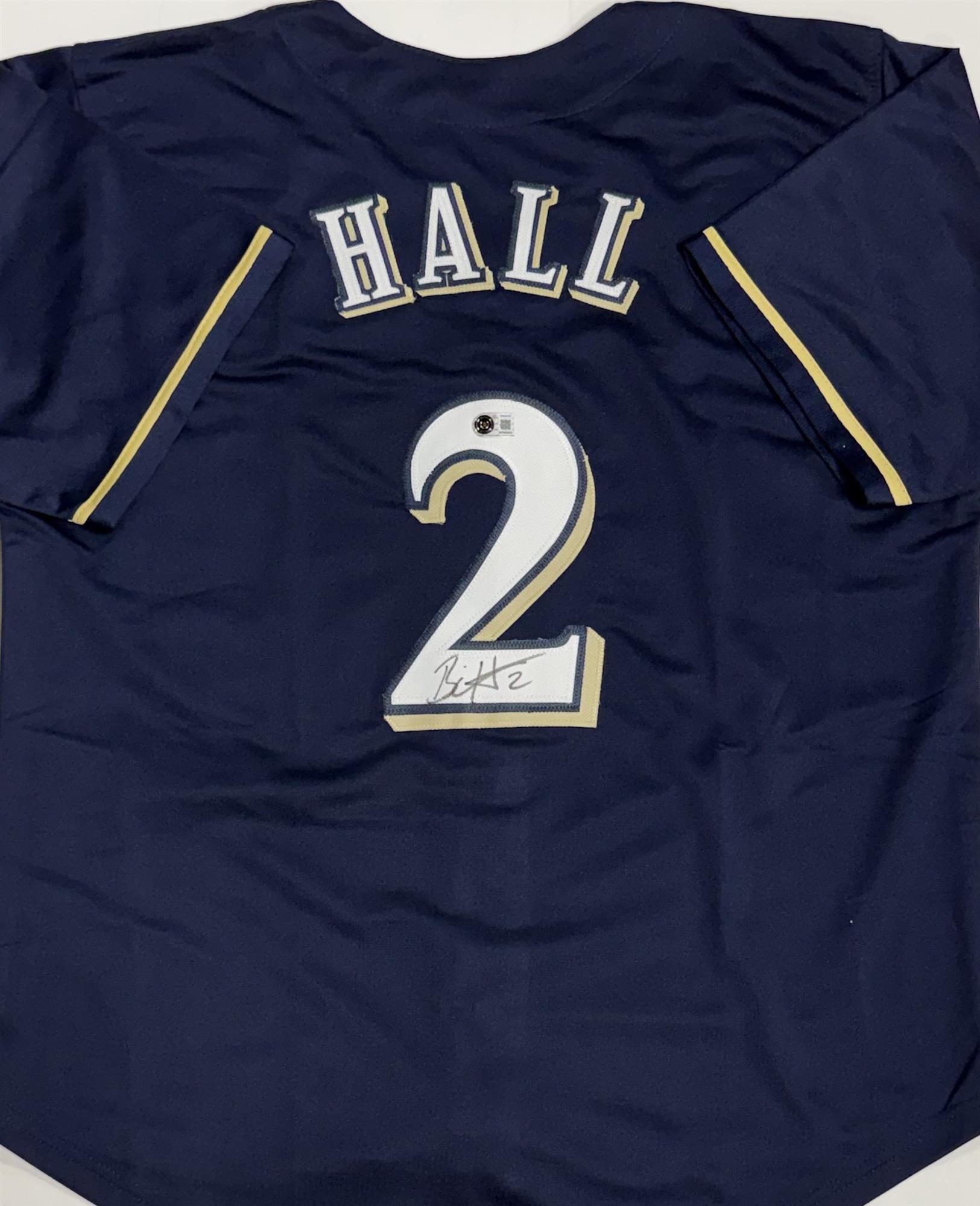 BILL HALL SIGNED CUSTOM REPLICA BREWERS NAVY JERSEY - BAS
