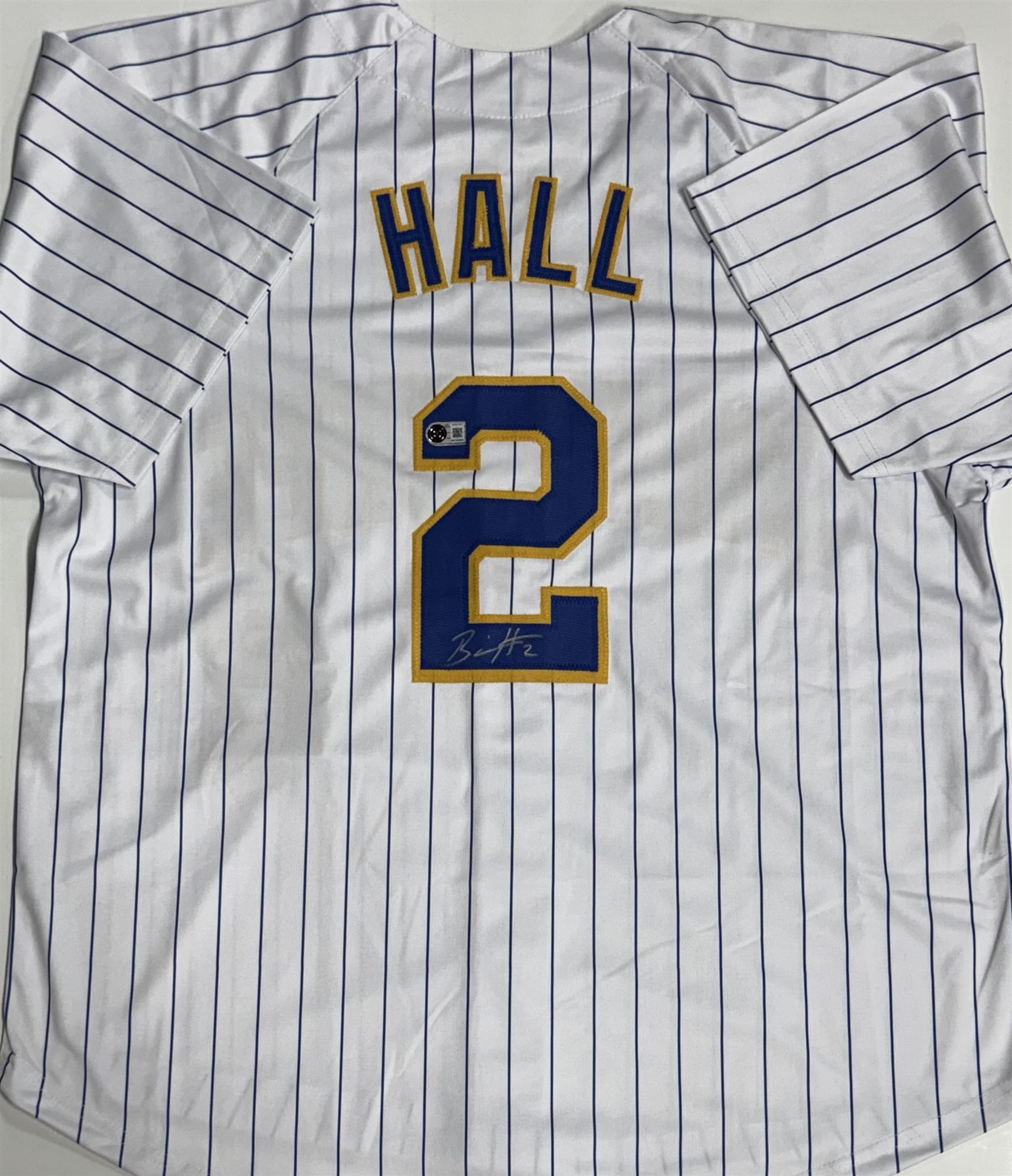BILL HALL SIGNED CUSTOM REPLICA BREWERS PINSTRIPE JERSEY - BAS
