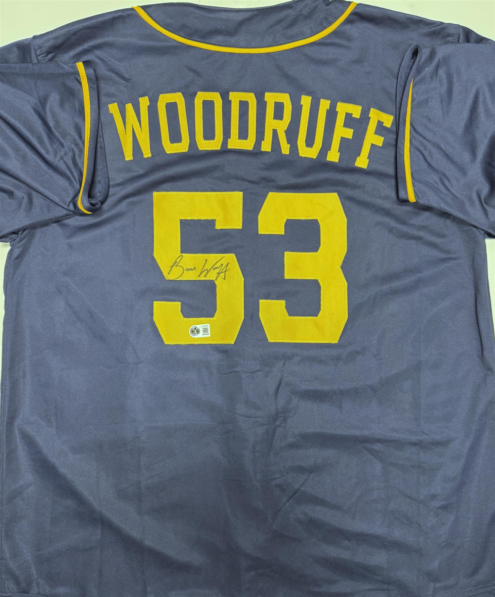BRANDON WOODRUFF SIGNED CUSTOM REPLICA BREWERS NAVY JERSEY - BAS