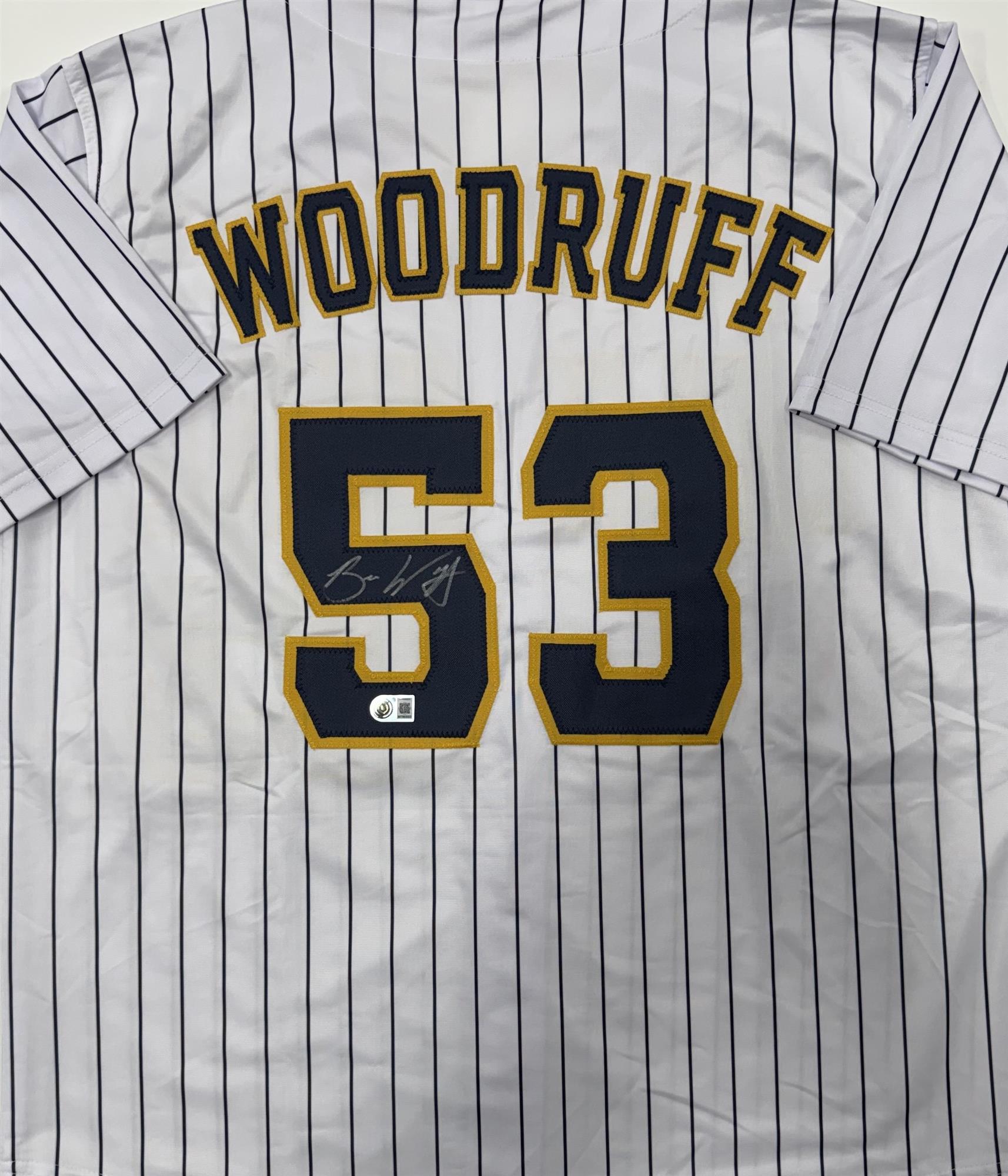 BRANDON WOODRUFF SIGNED CUSTOM REPLICA BREWERS  PINSTRIPE JERSEY - BAS
