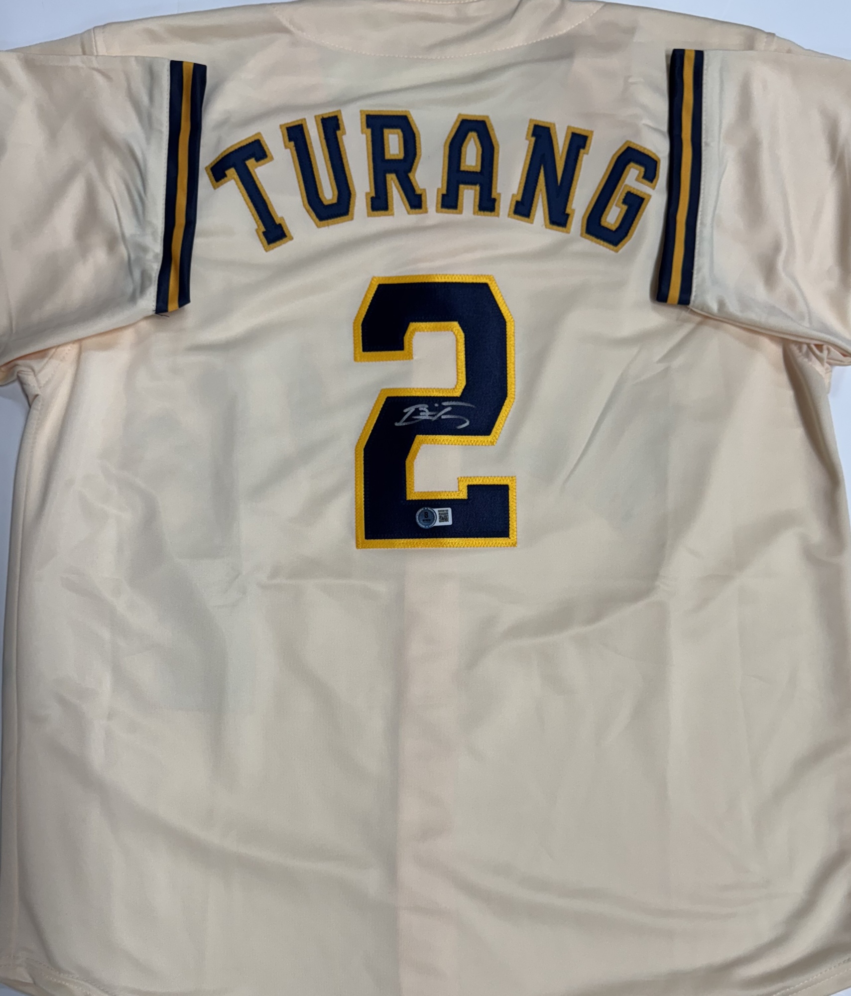 BRICE TURANG SIGNED CUSTOM REPLICA BREWERS CREAM #2 JERSEY  - BAS