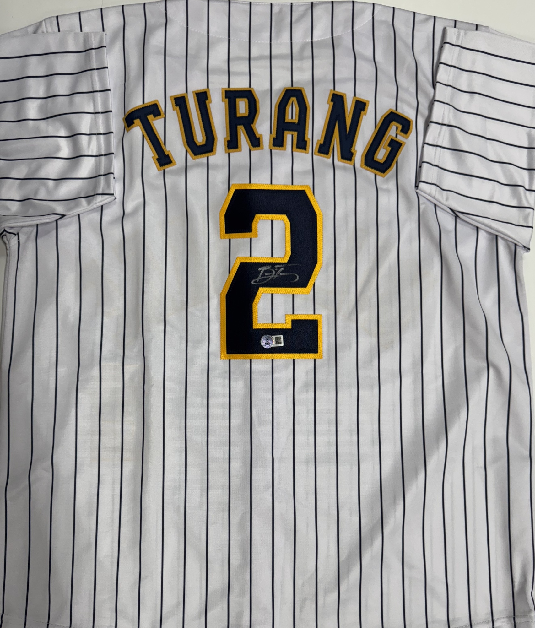 BRICE TURANG SIGNED CUSTOM REPLICA BREWERS PINSTRIPE #2 JERSEY  - BAS
