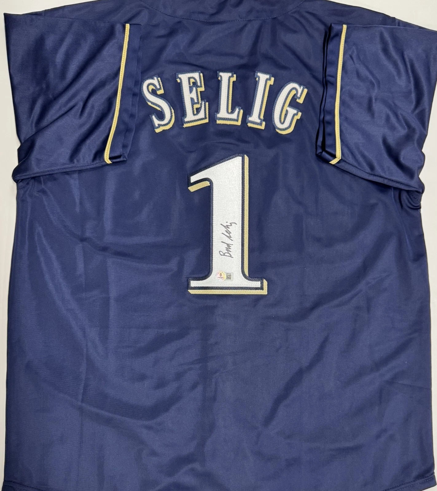BUD SELIG SIGNED CUSTOM BREWERS NAVY JERSEY - BAS