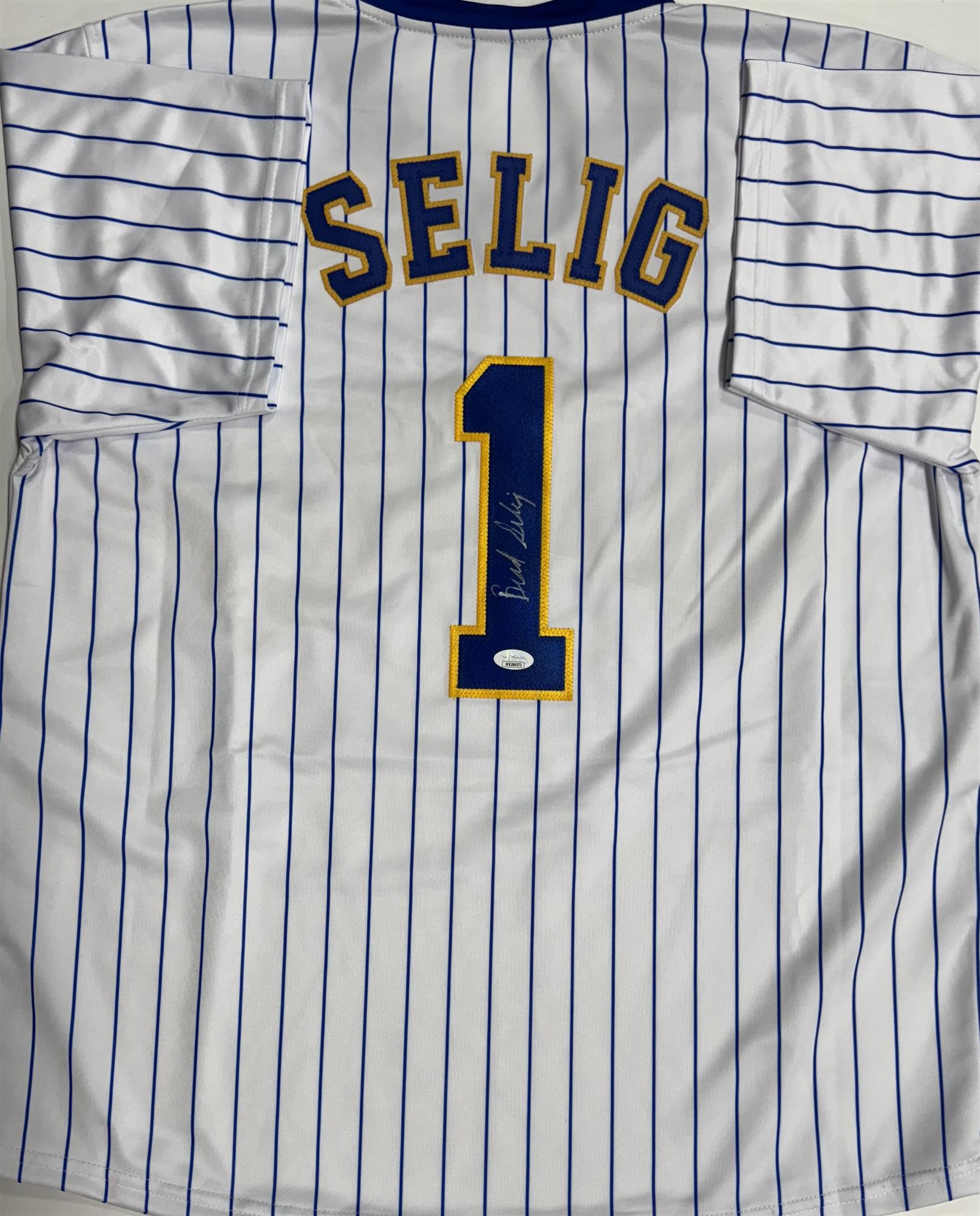 BUD SELIG SIGNED CUSTOM REPLICA BREWERS PINSTRIPE JERSEY - JSA