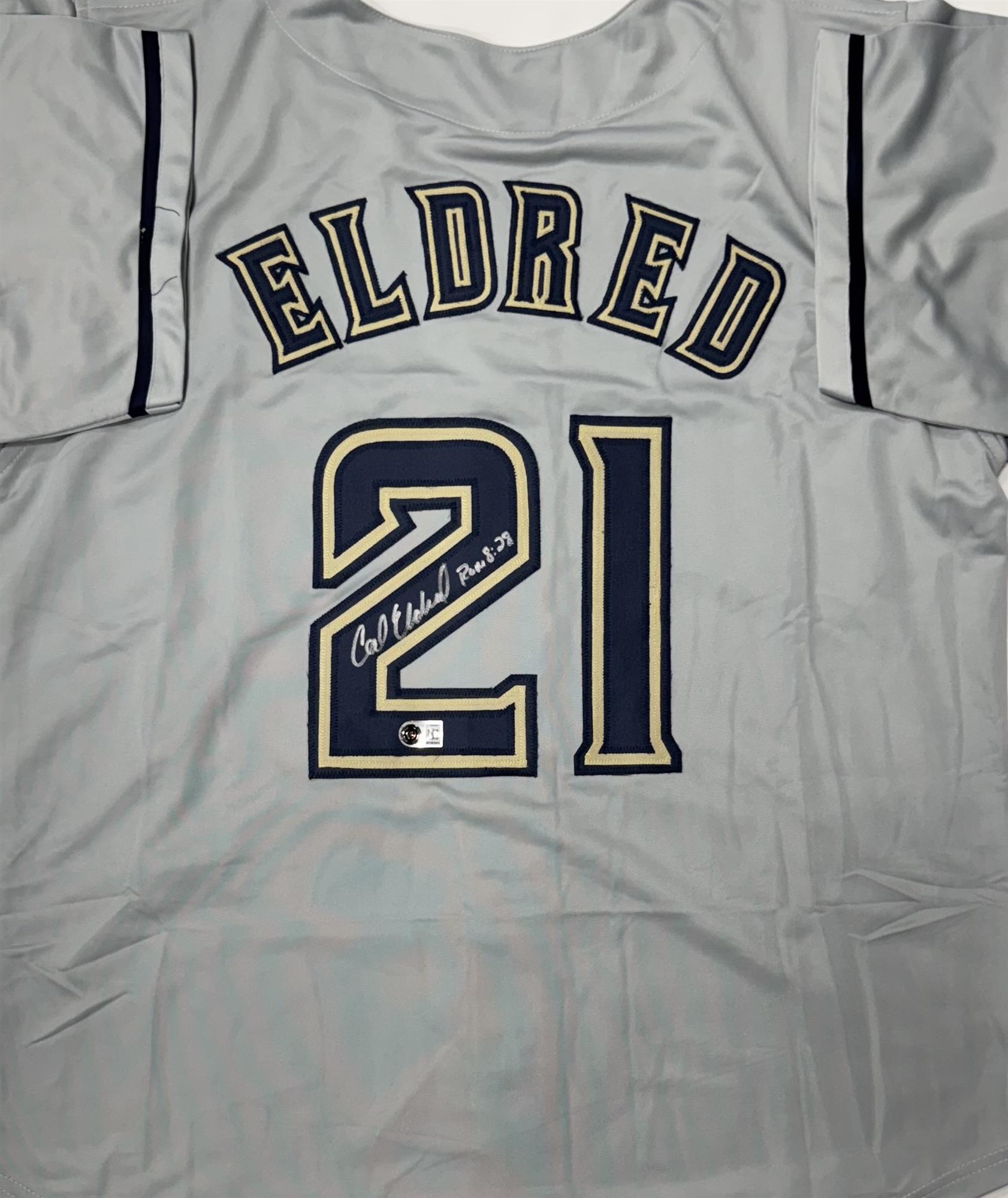 CAL ELDRED SIGNED CUSTOM REPLICA BREWERS GRAY JERSEY - BAS