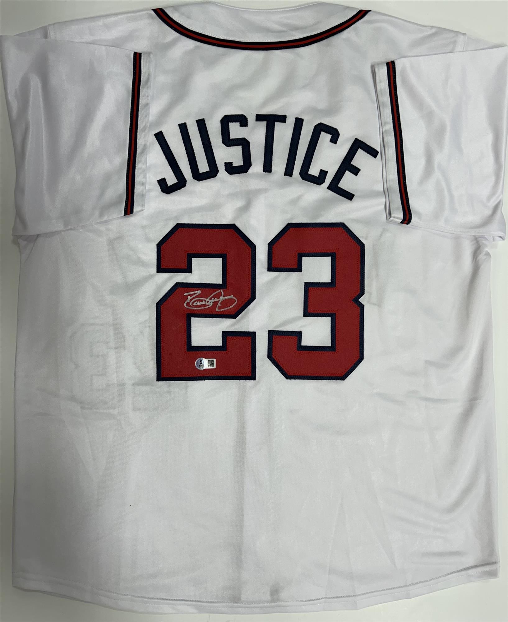 DAVID JUSTICE SIGNED REPLICA WHITE JERSEY -ATLANTA BRAVES MLB - BAS
