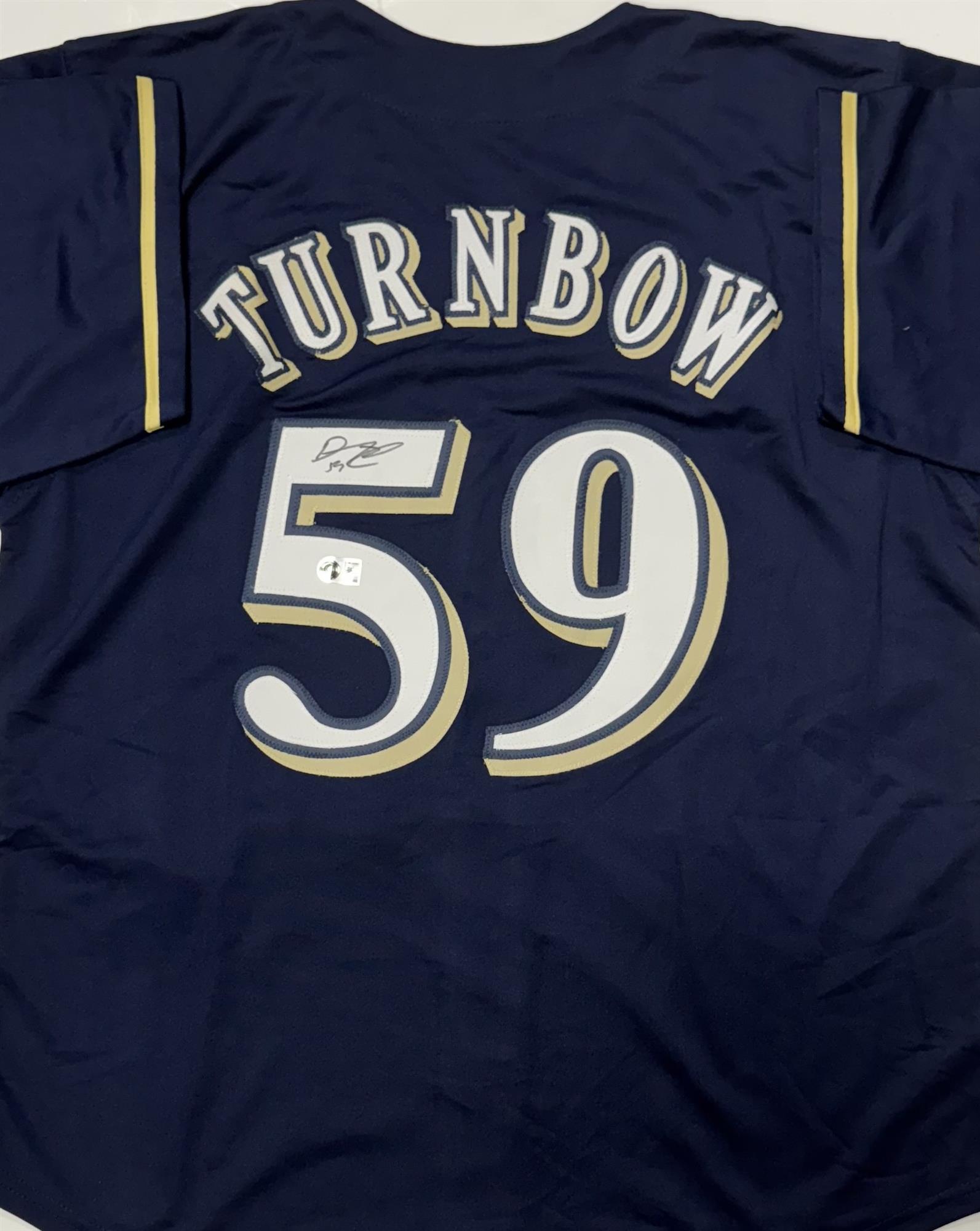 DERRICK TURNBOW SIGNED CUSTOM REPLICA BREWERS NAVY JERSEY - BAS