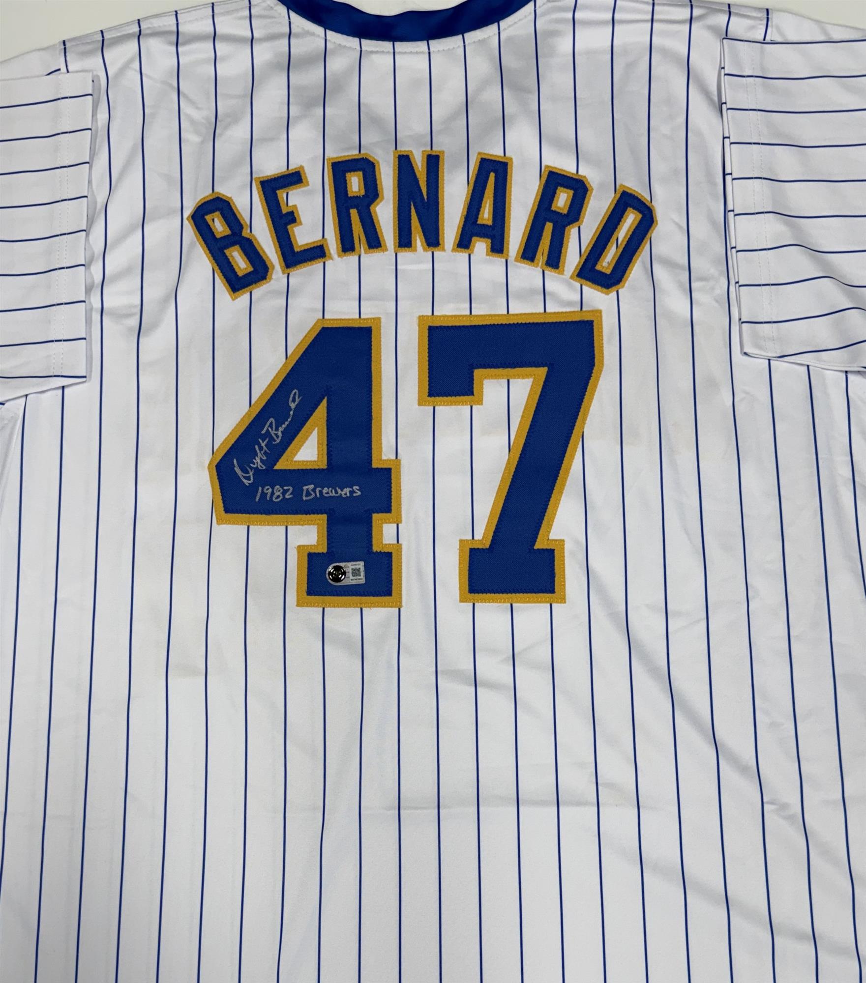 DWIGHT BERNARD SIGNED CUSTOM REPLICA BREWERS PINSTRIPE JERSEY - BAS