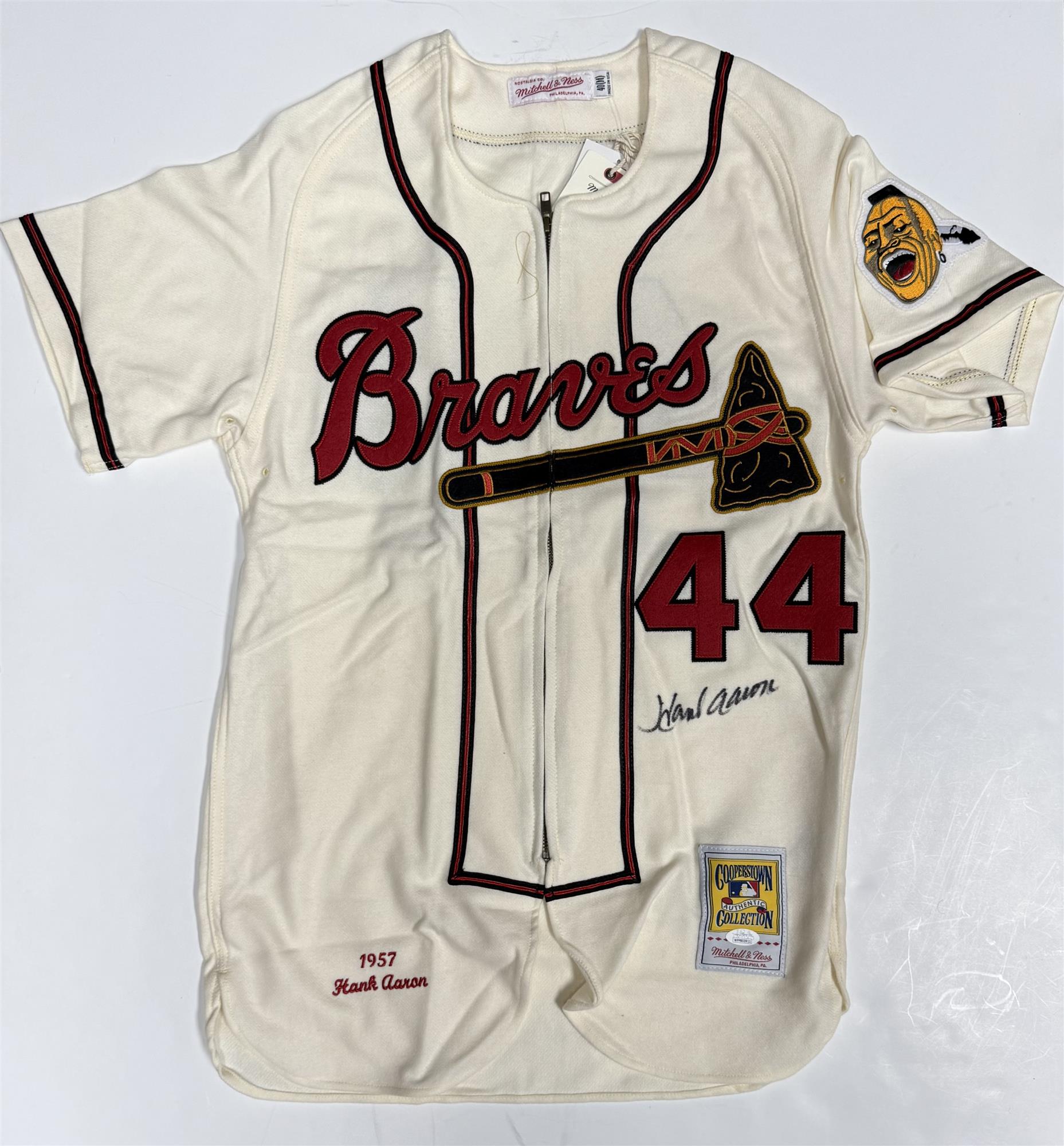 HENRY HANK AARON SIGNED 1957 MITCHELL & NESS MILWAUKEE BRAVES JERSEY