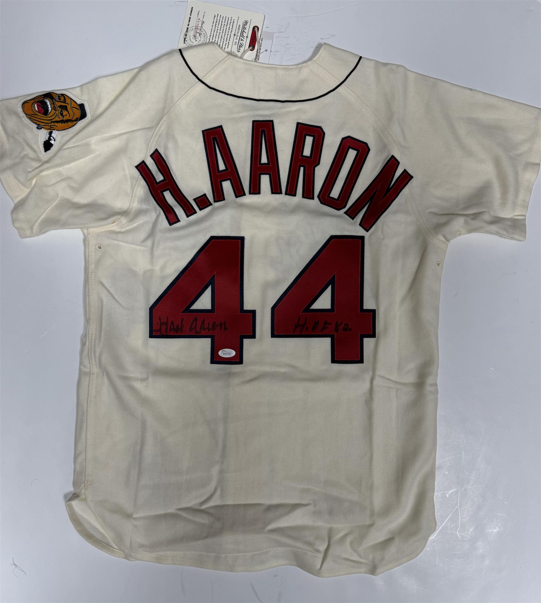 HENRY HANK AARON SIGNED 1963 MITCHELL & NESS MILWAUKEE BRAVES JERSEY W/ HOF