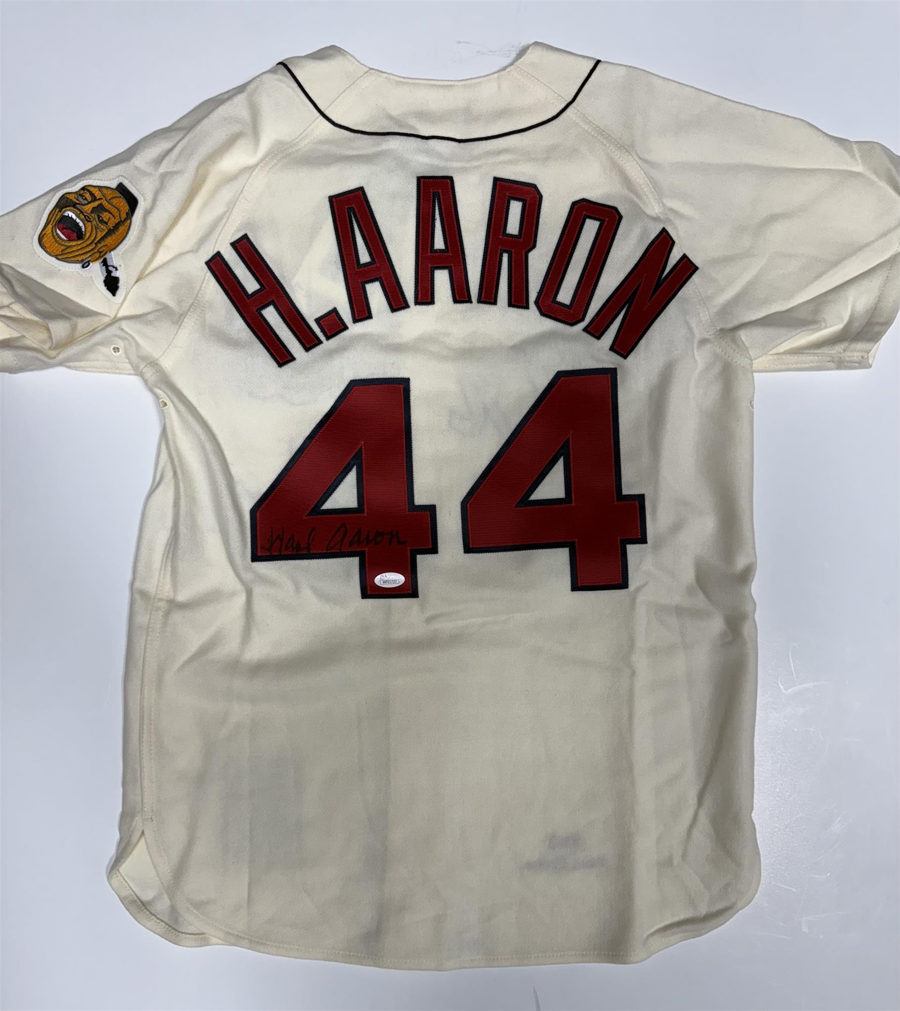 HENRY HANK AARON SIGNED 1963 MITCHELL & NESS MILWAUKEE BRAVES JERSEY