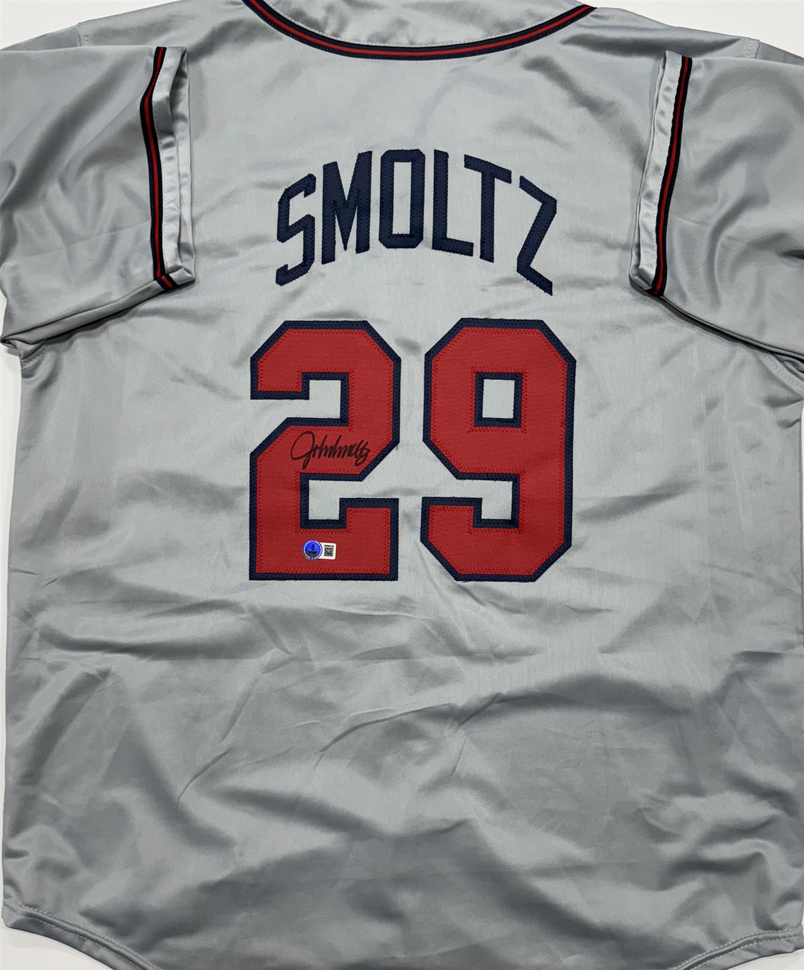 JOHN SMOLTZ SIGNED CUSTOM REPLICA BRAVES GREY JERSEY - BAS