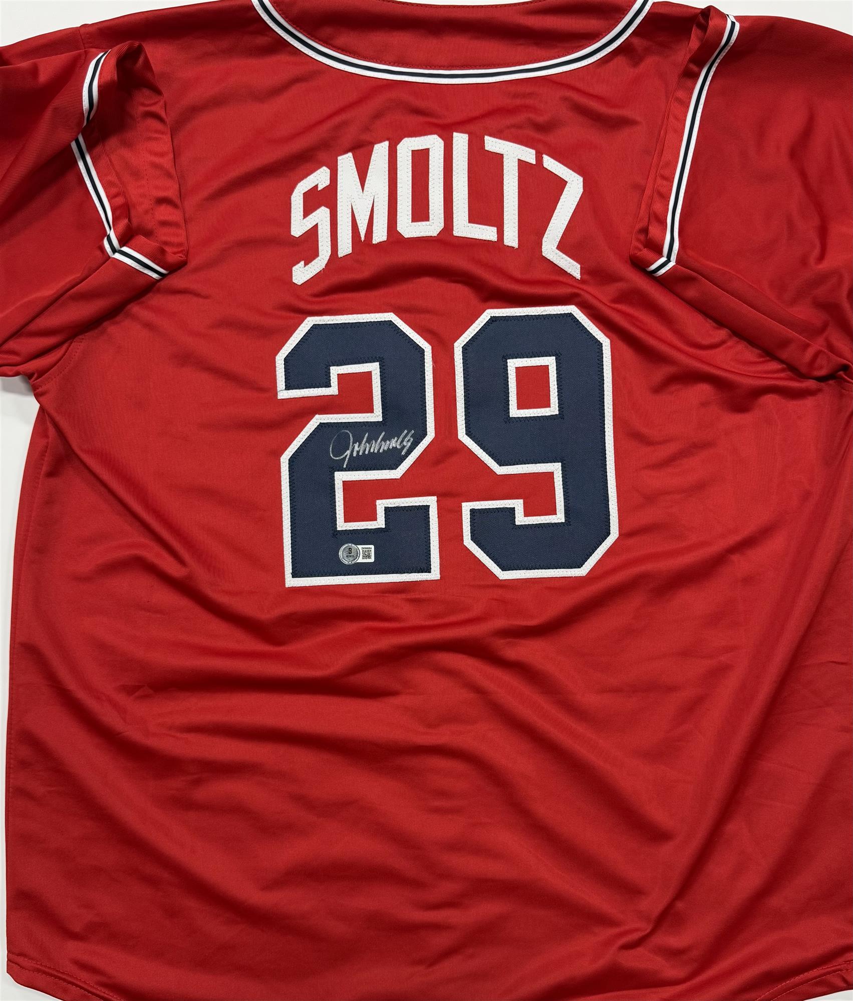 JOHN SMOLTZ SIGNED CUSTOM REPLICA BRAVES RED JERSEY - BAS