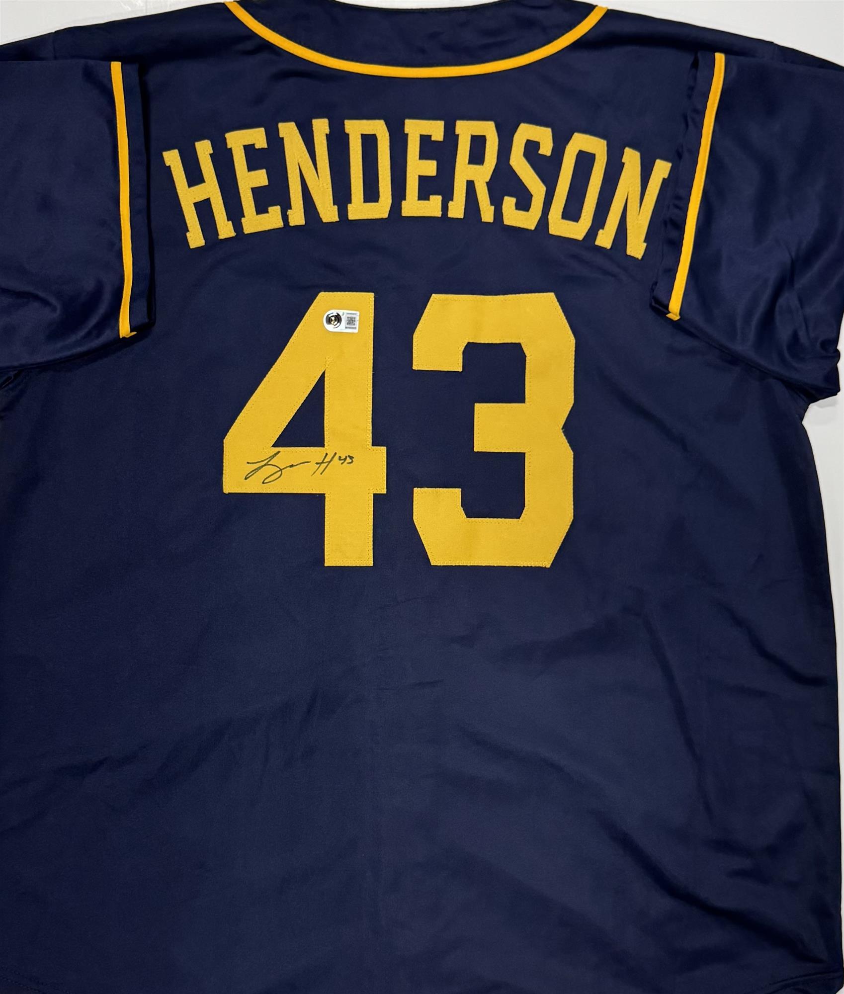 LOGAN HENDERSON SIGNED CUSTOM REPLICA BREWERS NAVY JERSEY - BAS