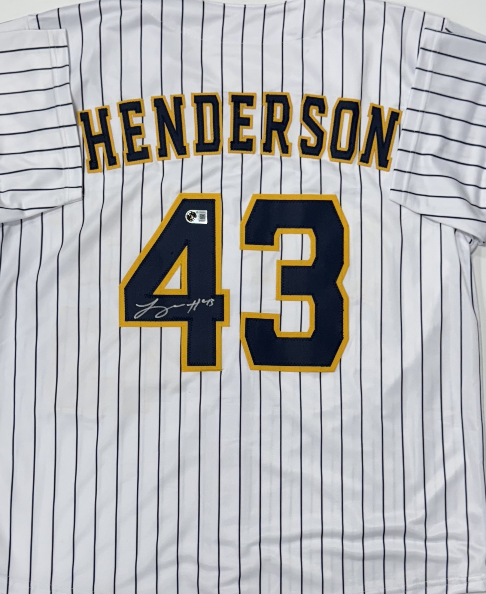 LOGAN HENDERSON SIGNED CUSTOM REPLICA BREWERS PINSTRIPE JERSEY - BAS