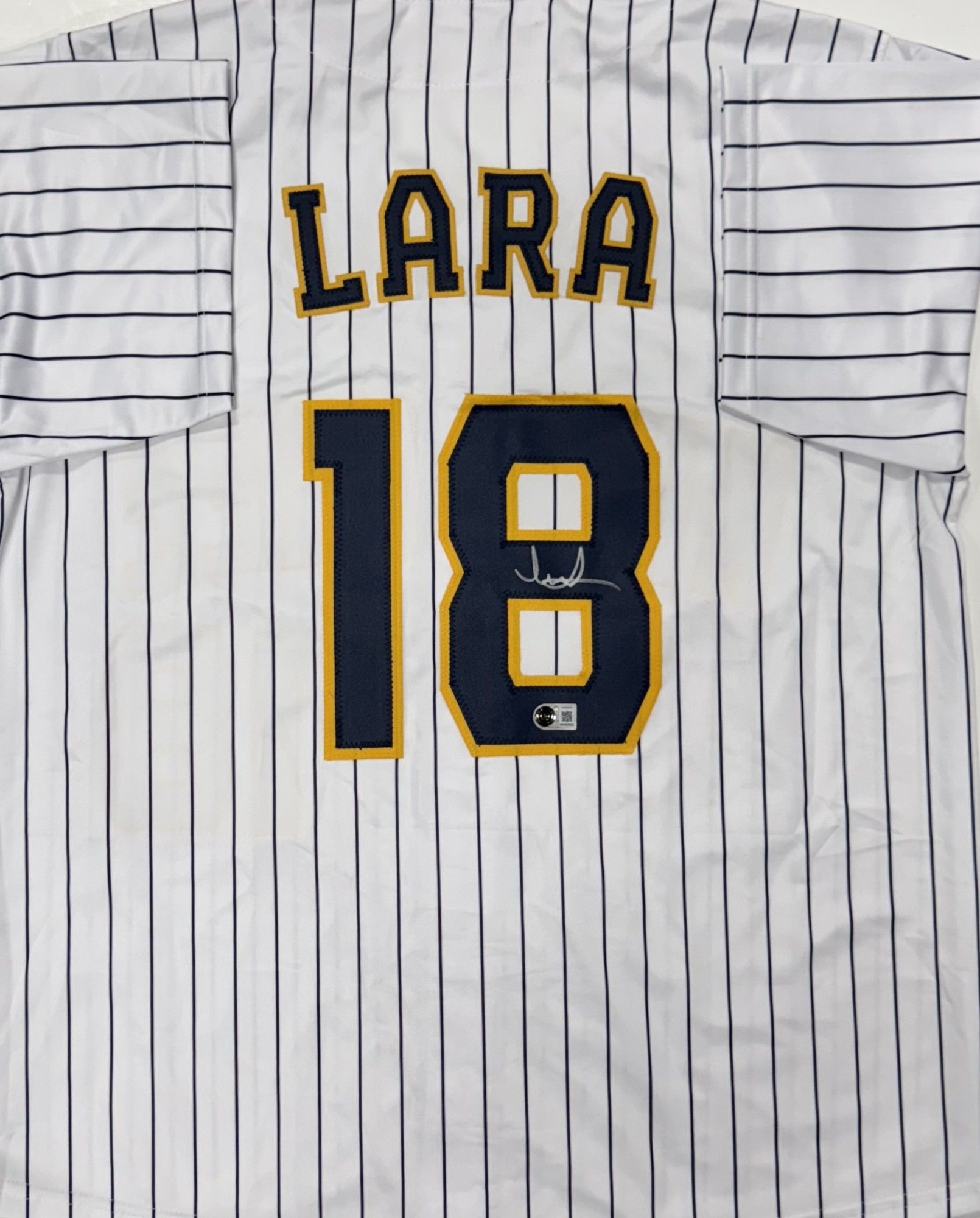 LUIS LARA SIGNED CUSTOM REPLICA BREWERS PINSTRIPE JERSEY - BAS